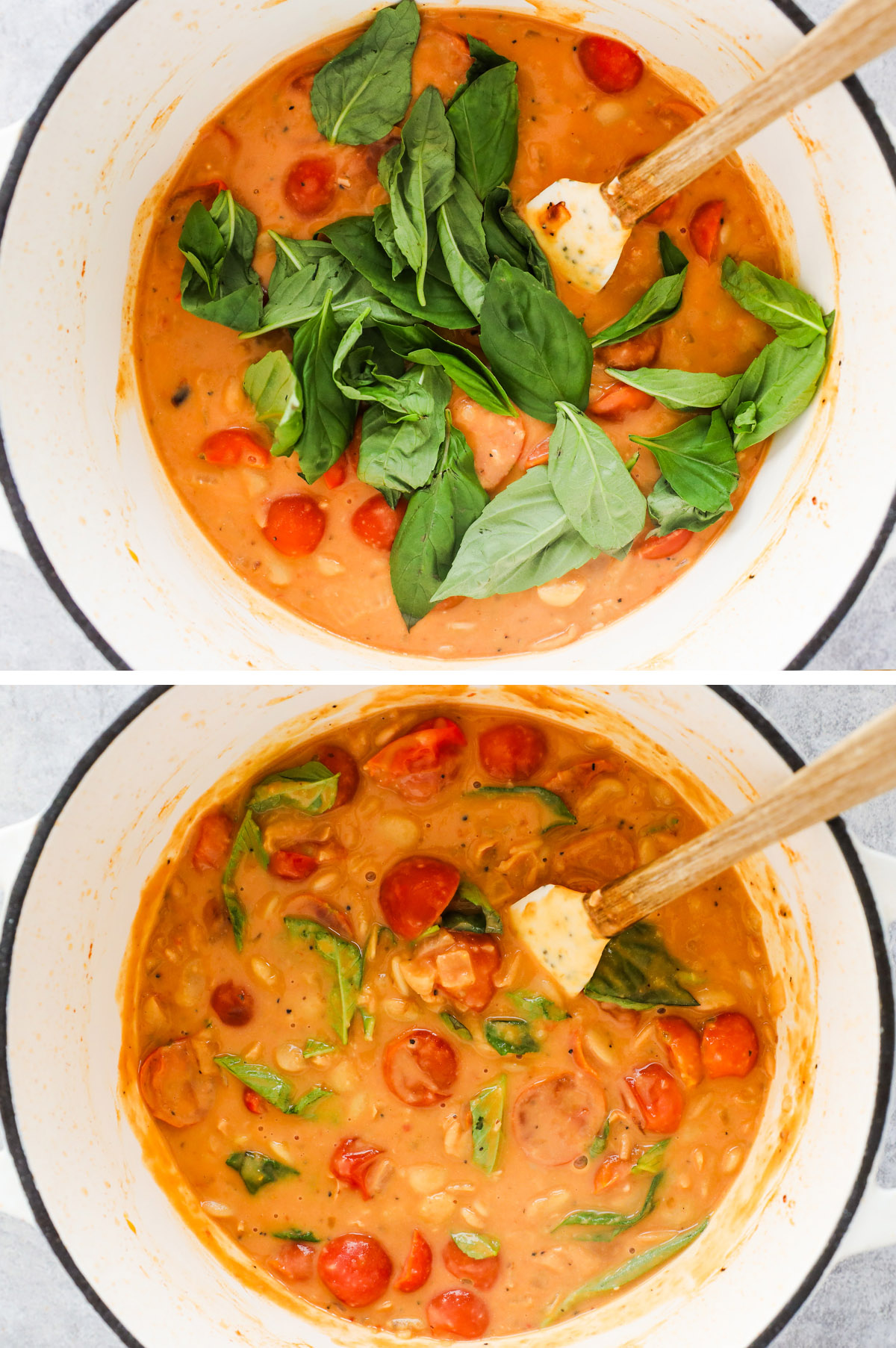 Two images grouped together. First is fresh basil dumped over tomato and butter bean mixture. Second is basil mixed in.