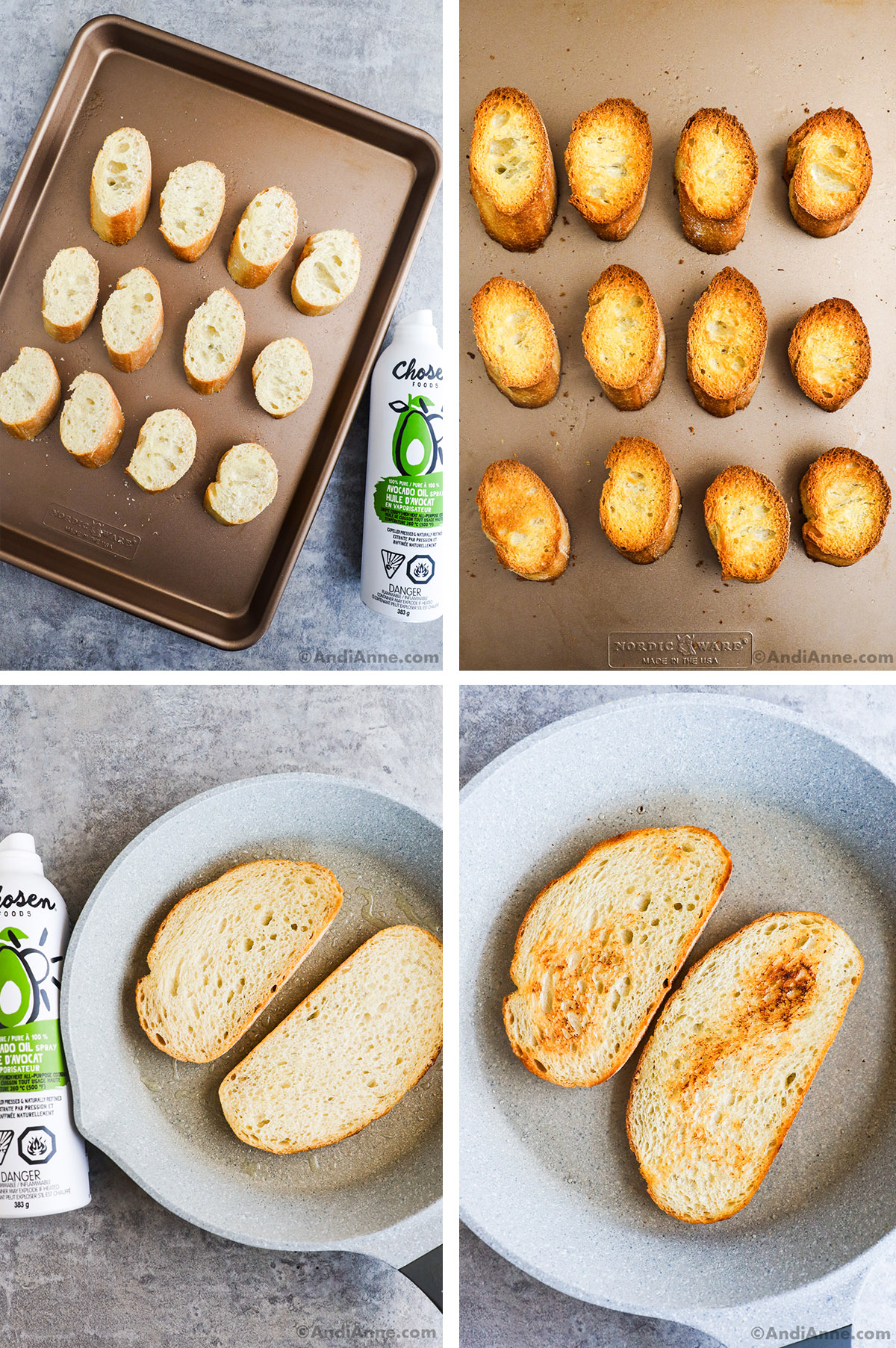 Four ingredients grouped together. First is sliced baguette pieces on a baking sheet. Second is bread that's cooked. Third is Bread slices in frying pan. Fourth is toasted bread.