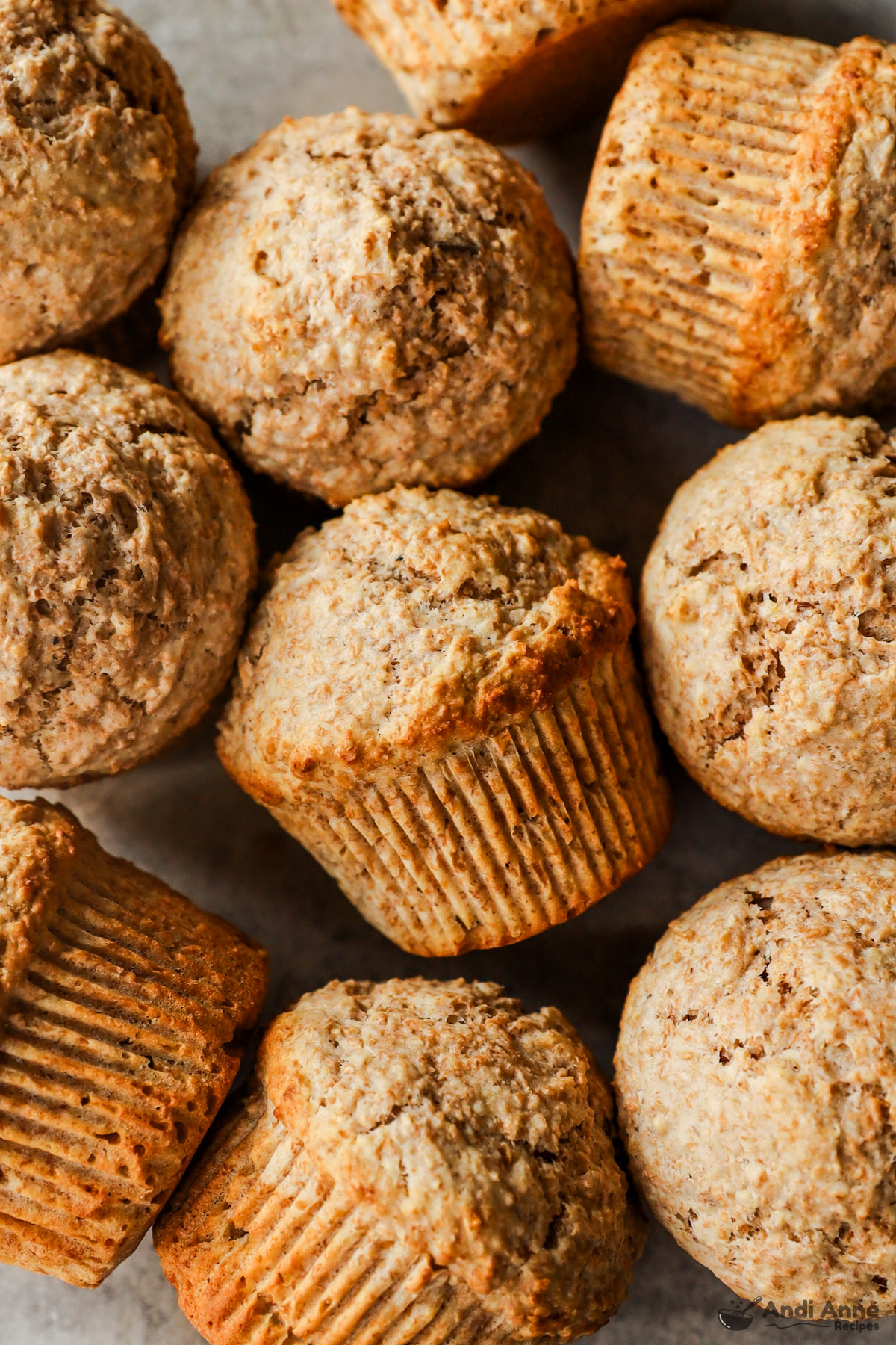 Close up of bran muffins together on a counter