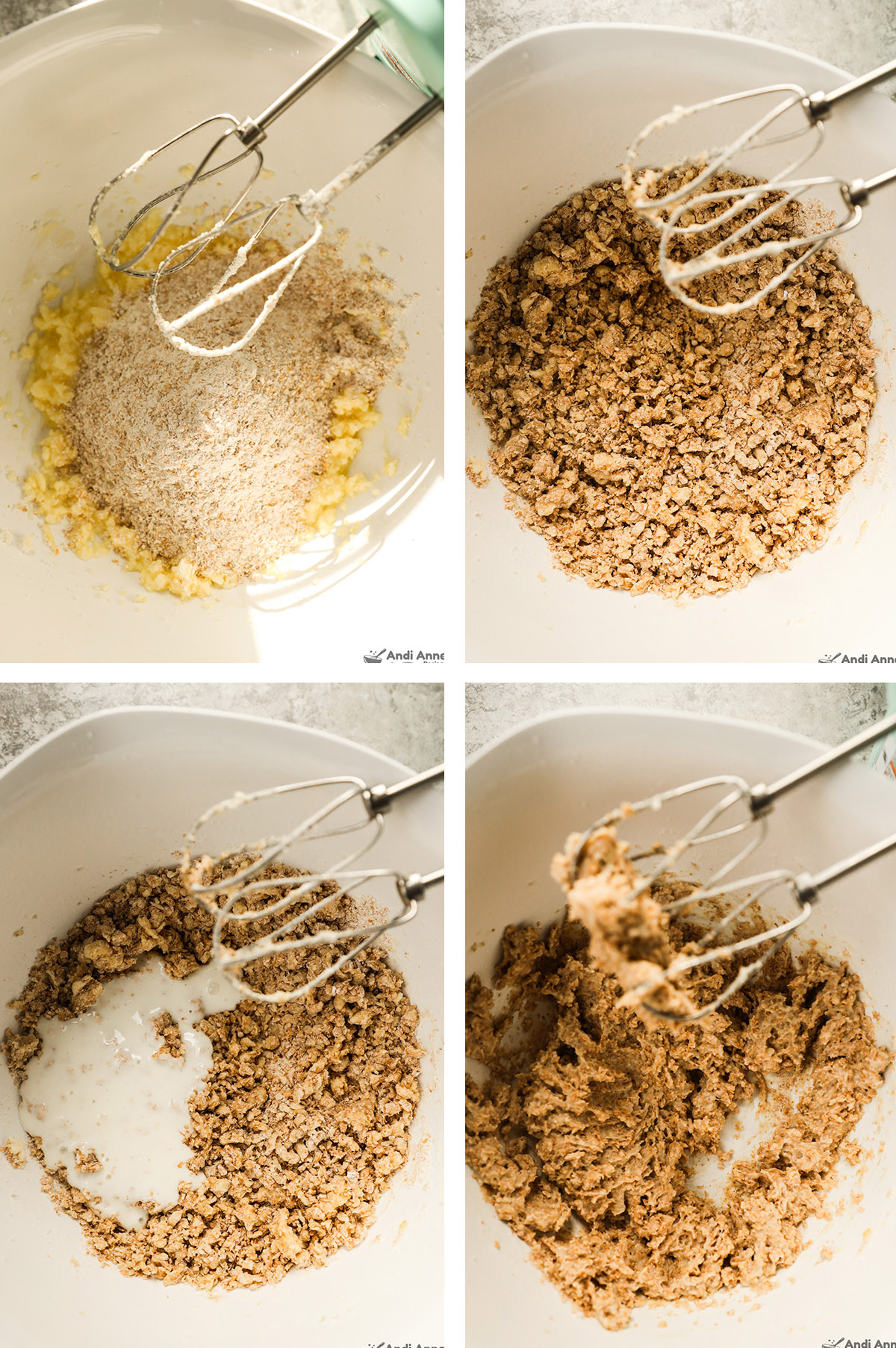 Four images, first is dry mixture over wet unmixed, second is mixed. Third is butter milk poured in, fourth is mixed. 