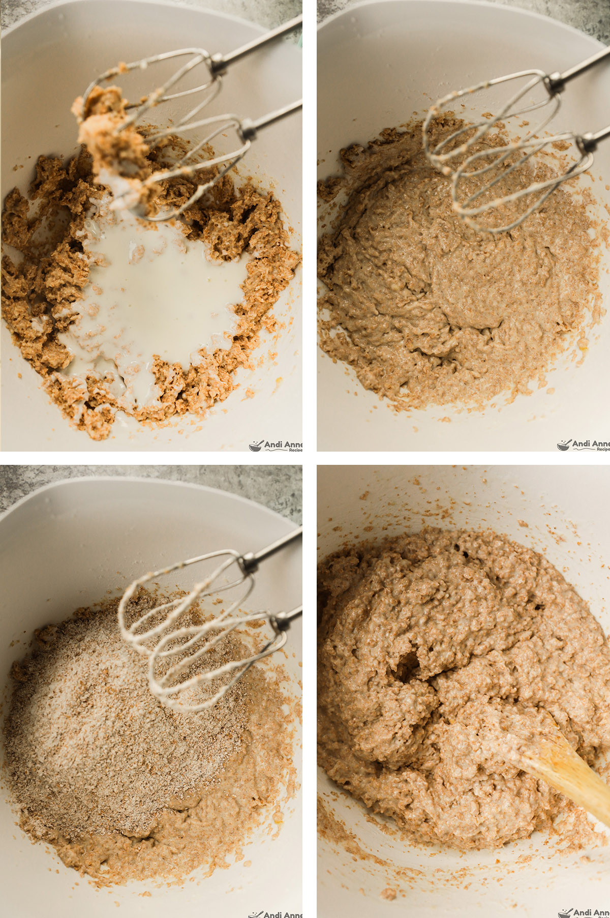 Four images, first is dry mixture over wet unmixed, second is mixed. Third is butter milk poured in, fourth is mixed.