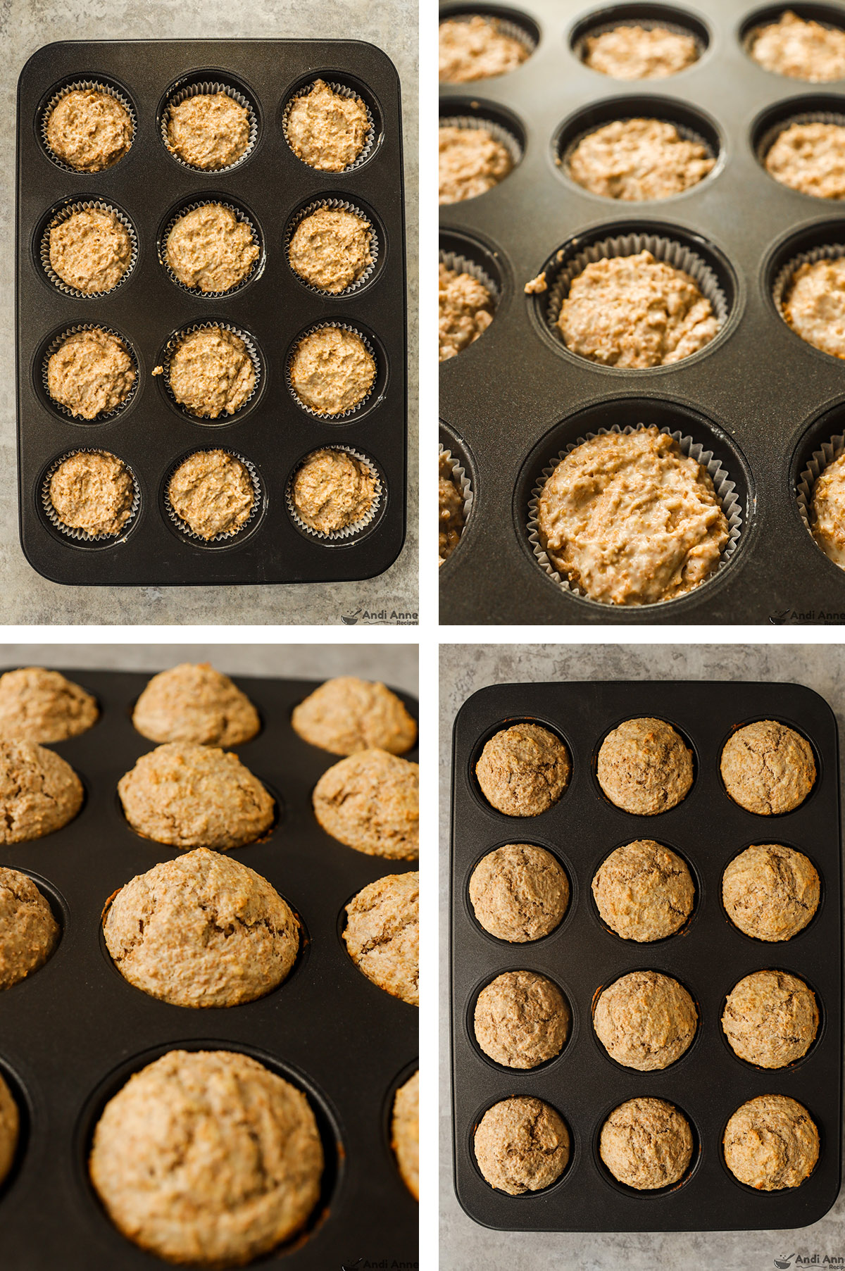 A muffin pan first with unbaked bran muffins, second with baked muffins