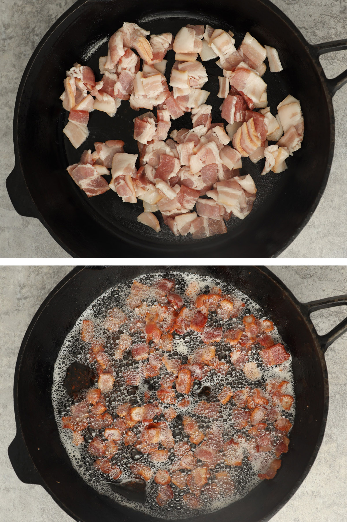 Two images, first is chopped raw bacon in frying pan. Second is cooked crispy bacon in pan with grease.