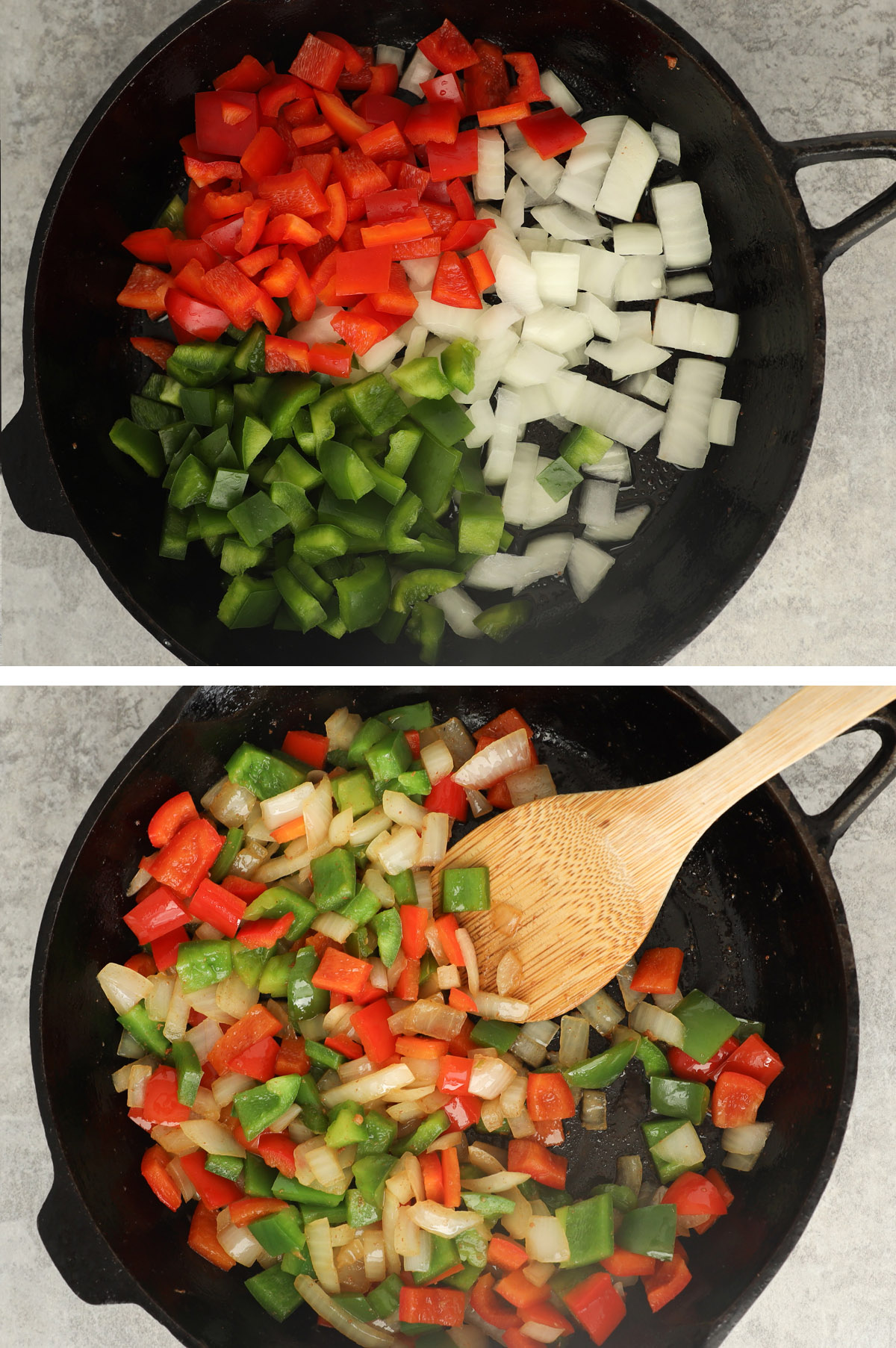 Two images of a frying pan. First with chopped green and red bell pepper and chopped onion. Second is veggies mixed together and cooked. 