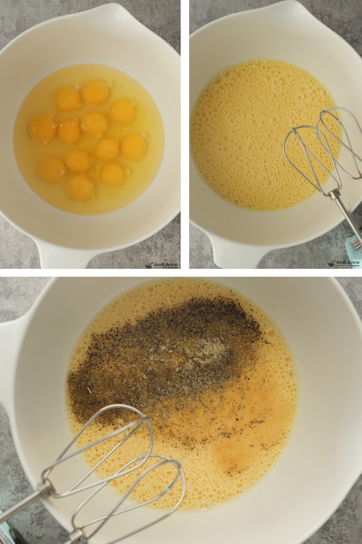 Three images of a bowl, first with eggs, then eggs beaten, then spices added.