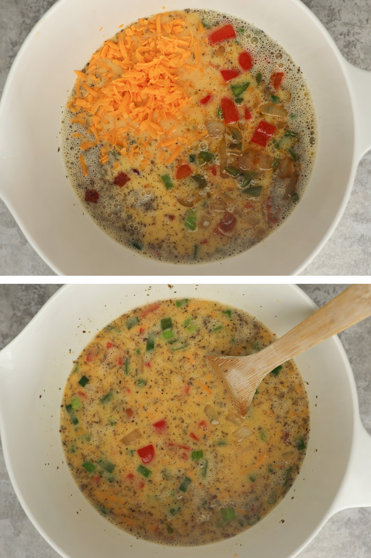 Two images of a bowl, first with beaten eggs, veggies and shredded cheese dumped in. Second with ingredients mixed together,