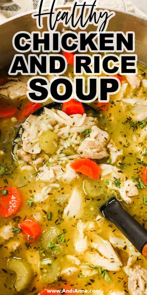 Close up of a pot of chicken and rice soup