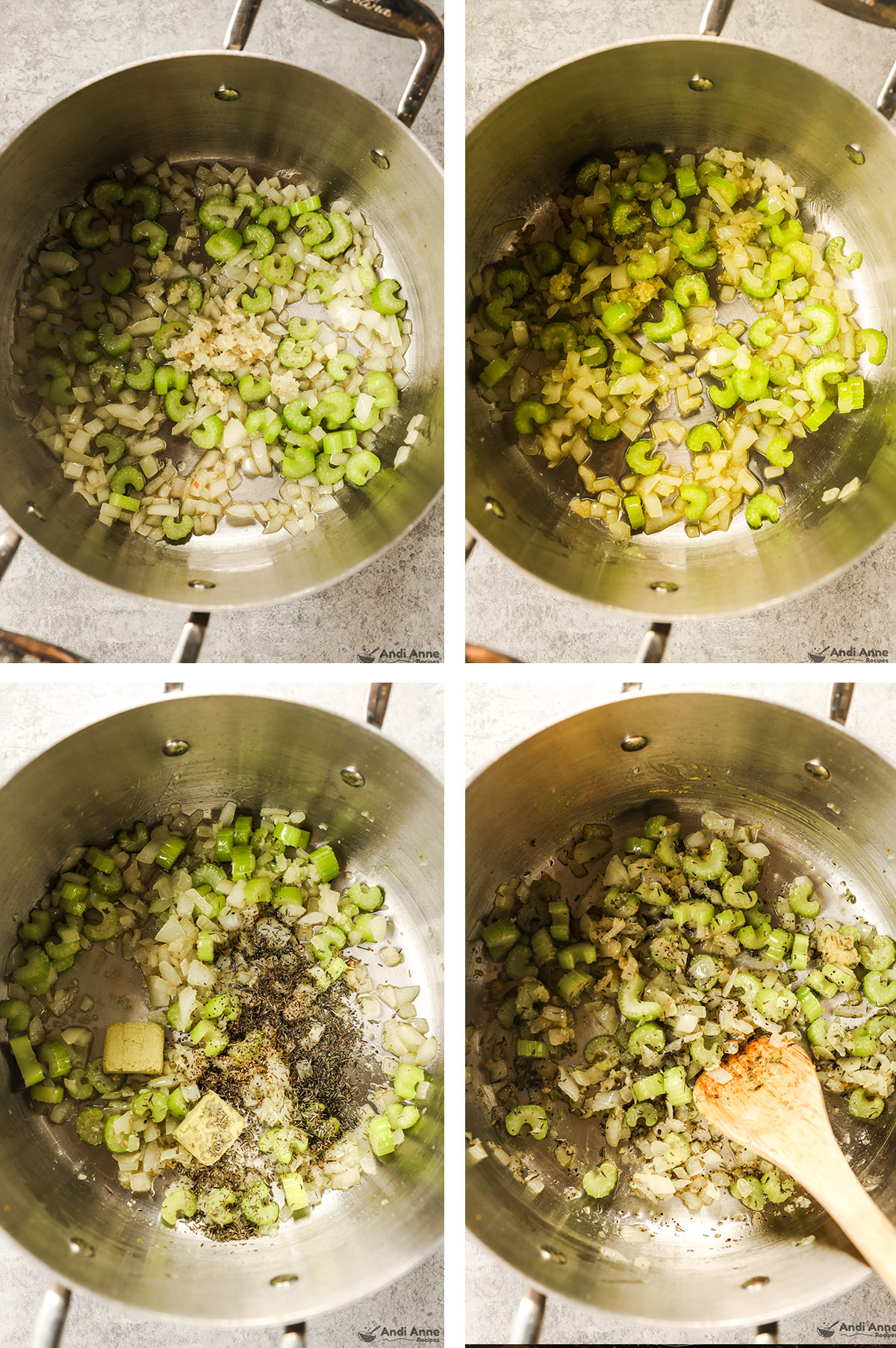 Four images grouped of a pot. First two chopped celery, onion and garlic unmixed then mixed. Second two spices added unmixed then mixed.