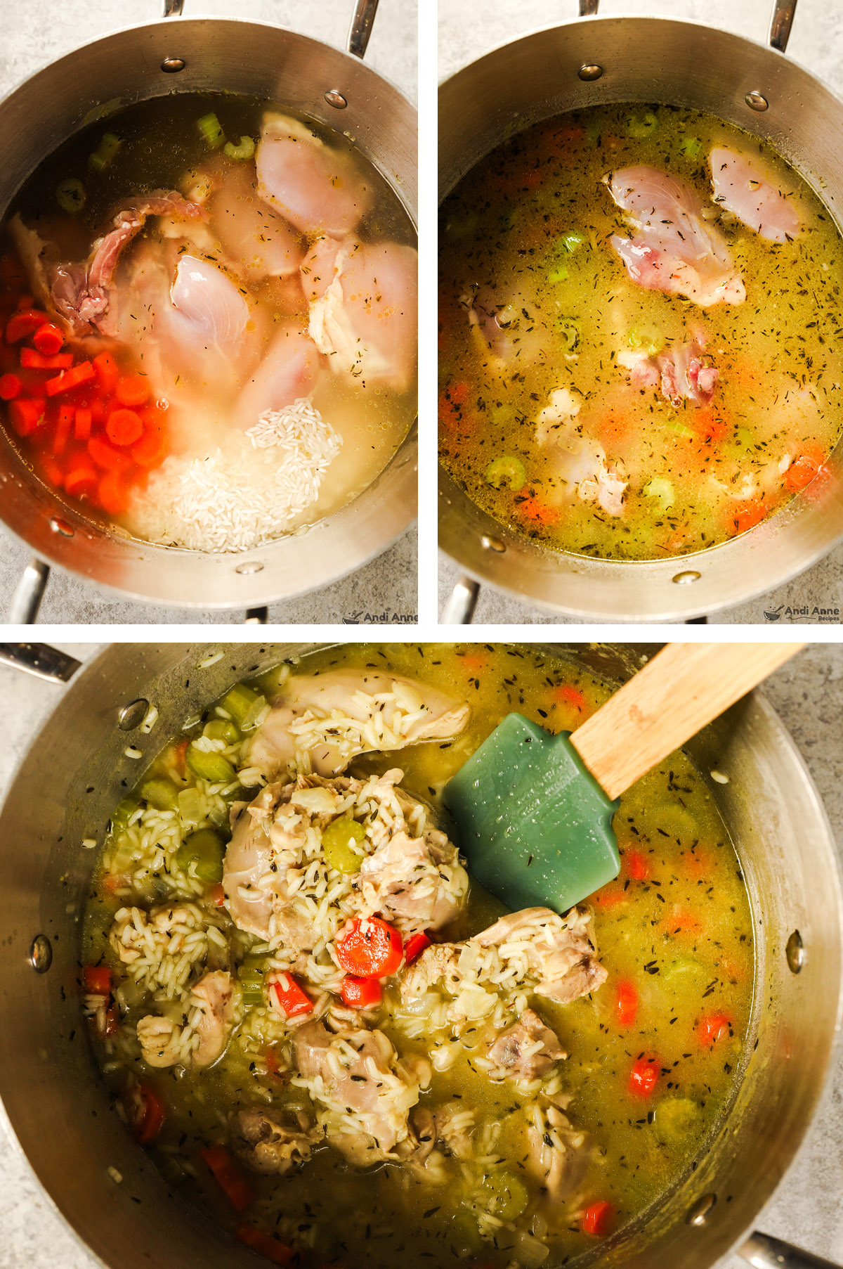 Three images of a pot grouped first two raw chicken thighs, rice, carrots and broth added unmixed. Second mixed together, third cooked chicken thighs in the soup covered with rice and broth