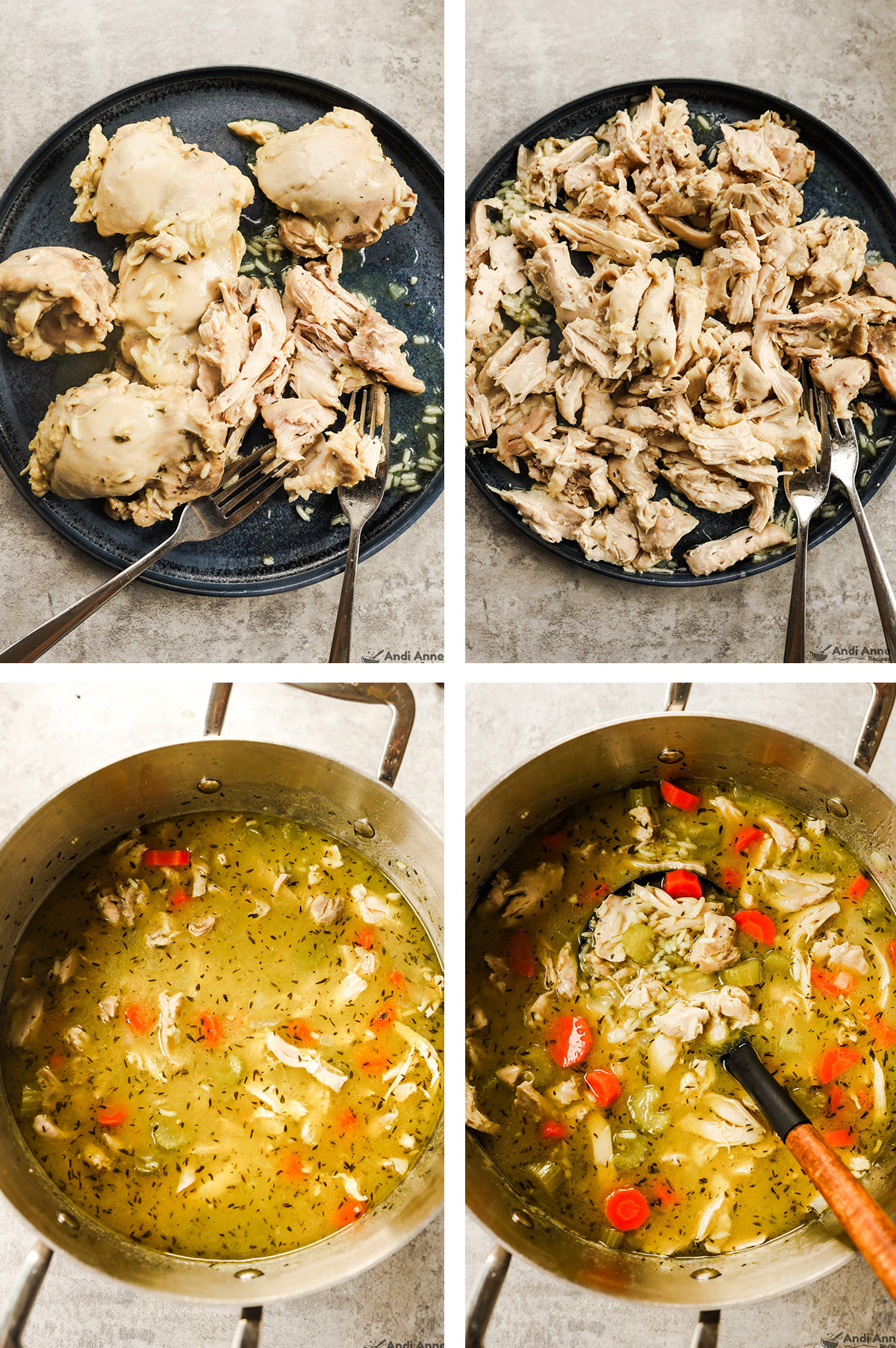 Four images grouped, first two a plate with cooked chicken thighs being shredded with a fork. Second two are a pot with cooked chicken rice soup with a soup ladle