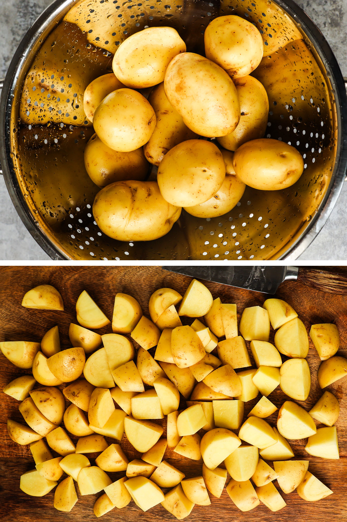 Strainer with yellow potatoes, and chopped potatoes on a cutting board.