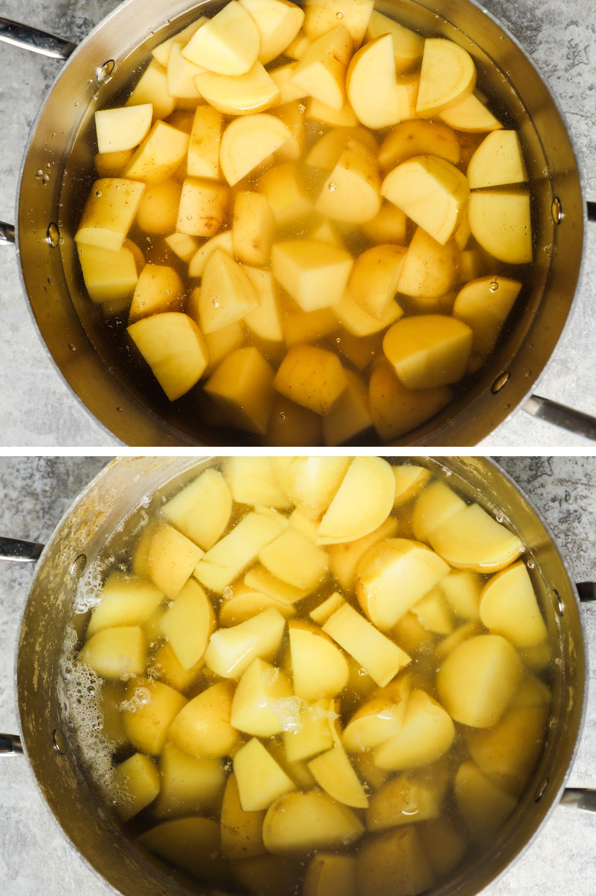 Pot of water with raw potatoes, then cooked potatoes in the pot