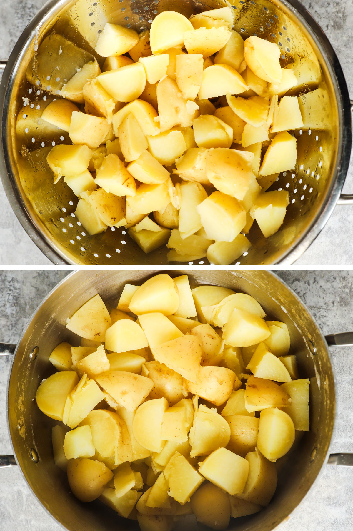 Strainer with cooked chopped potatoes, and pot with cooked chopped potatoes