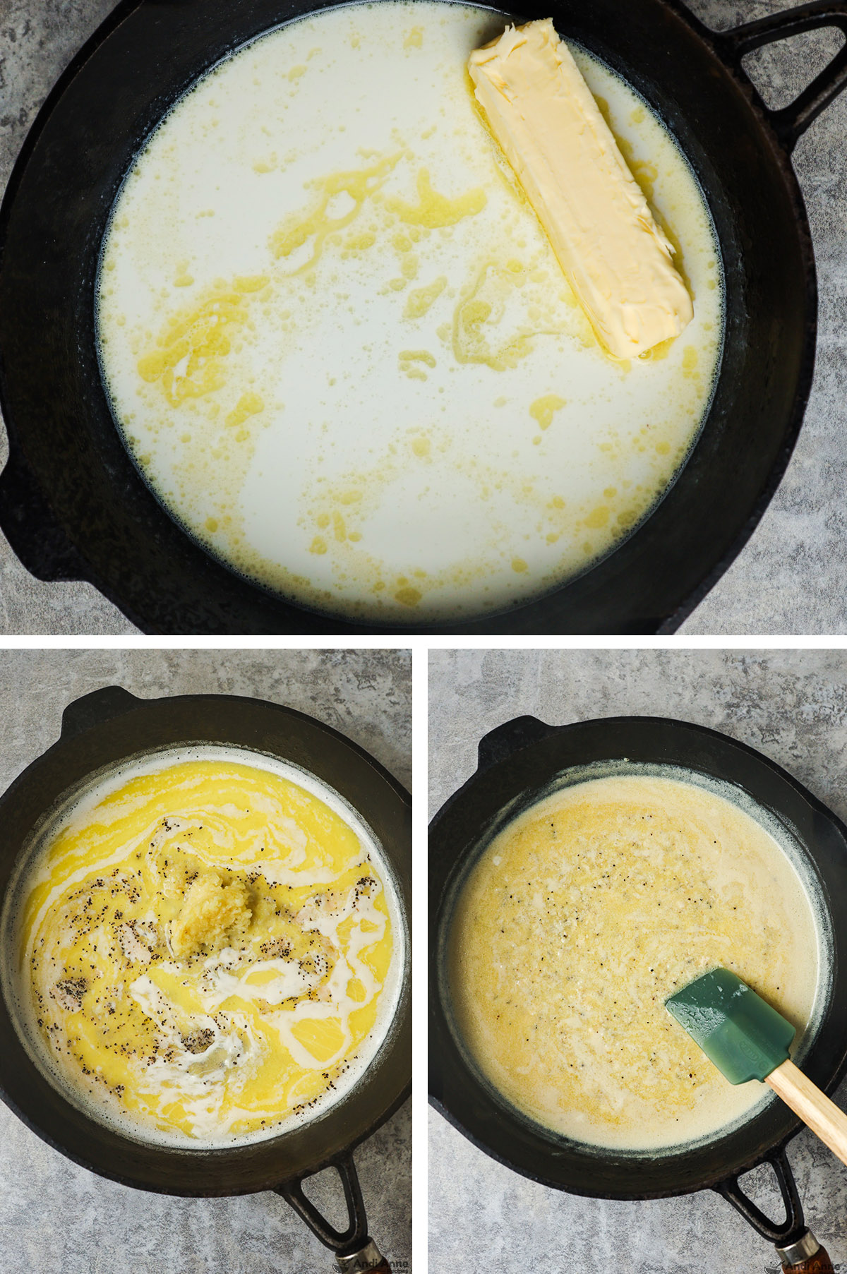 Three images of a skillet, first with butter and milk, second with spices and garlic dumped in, third with a creamy liquid and spatula.