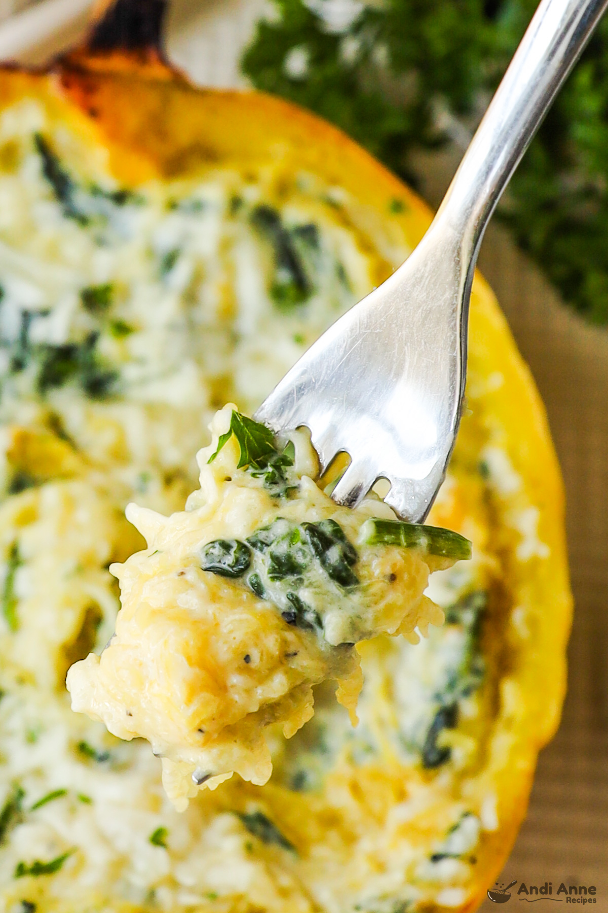 A fork holding spaghetti squash and creamy spinach sauce. 