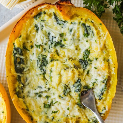 Half of a roasted squash with creamy garlic parmesan sauce inside and a fork