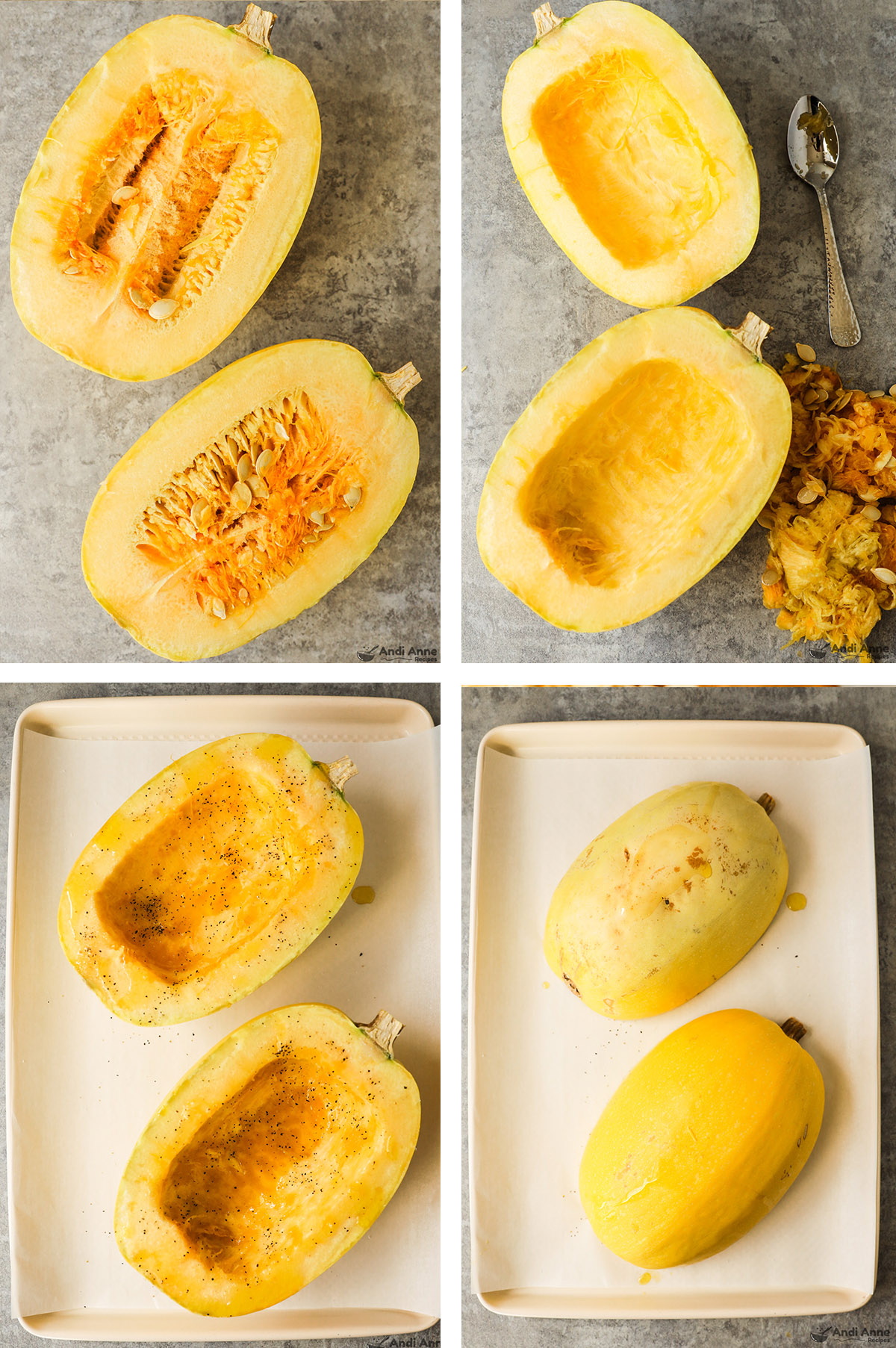 Four images: first is sliced spaghetti squash with seeds and flesh, second is scraped inside of halved spaghetti squash, fourth is halved squash on baking sheet drizzled with olive oil, salt and pepper. And flipped facing down on baking sheet.