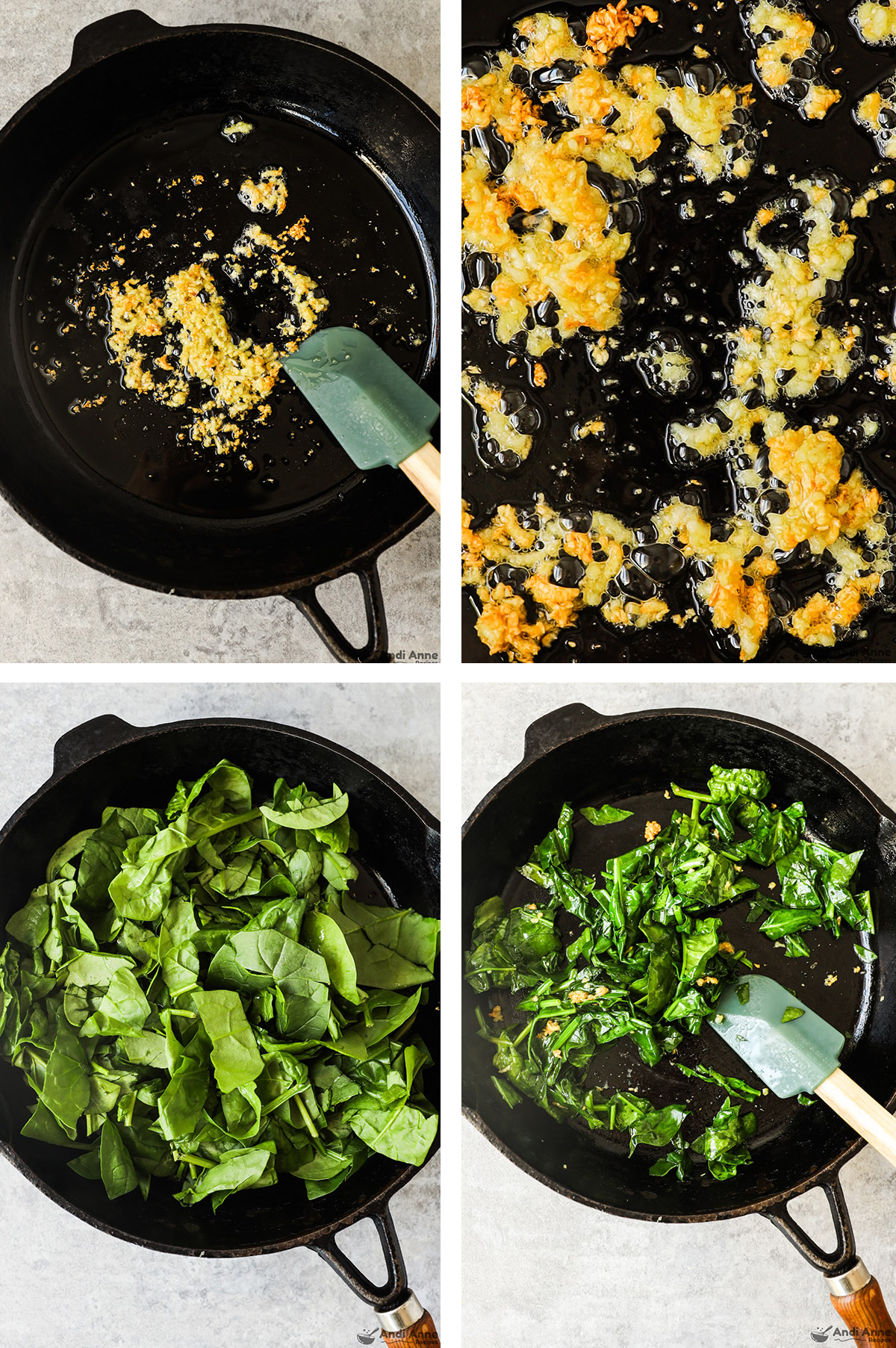 Four images of a frying pan: roasted minced garlic, fresh spinach then sauteed spinach with garlic.