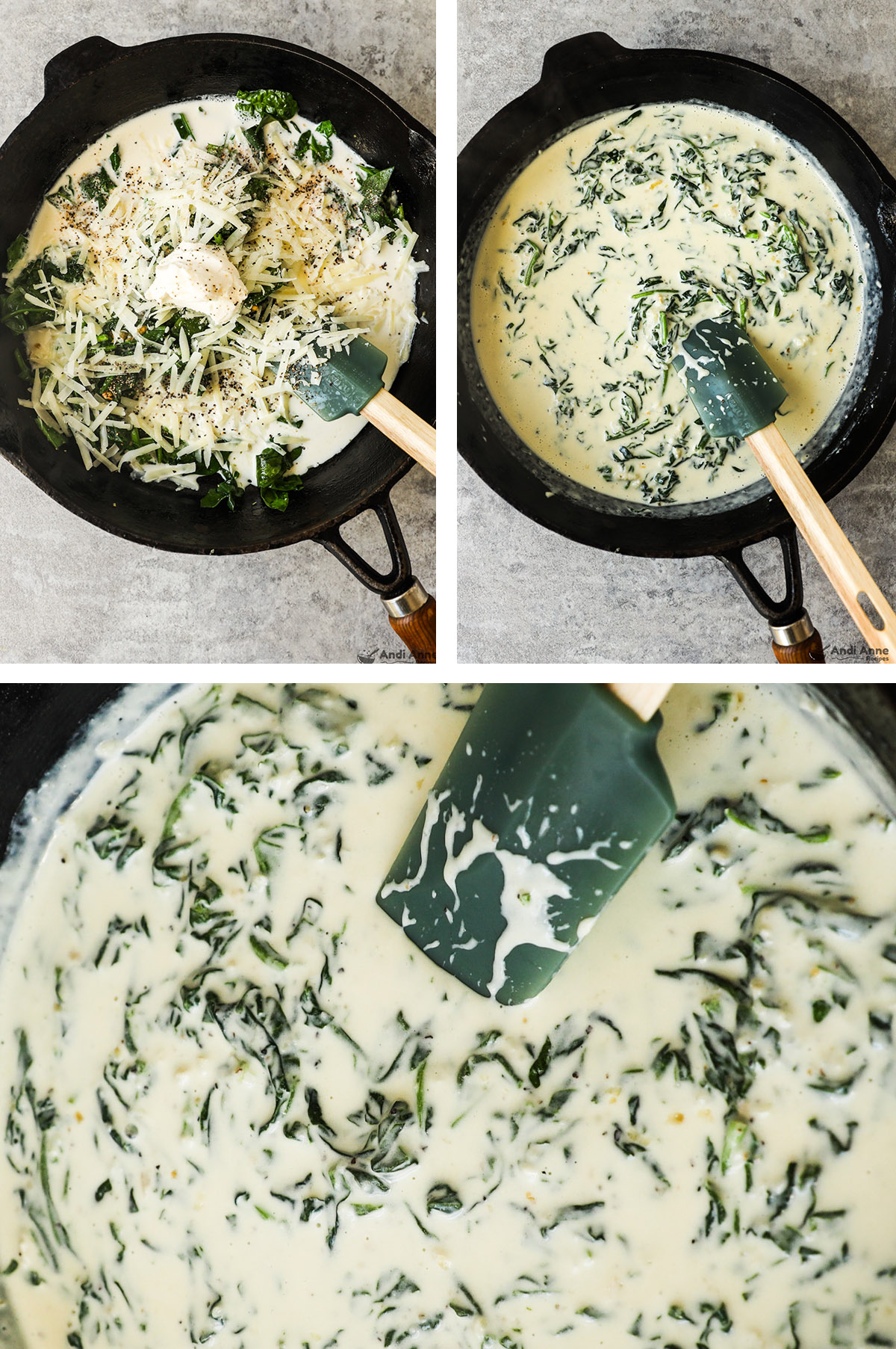 Three image of frying pan: first with grated parmesan, milk, sauteed spinach and cream cheese dumped in. Second is creamy spinach sauce in pan. Third is creamy spinach sauce with spatula.