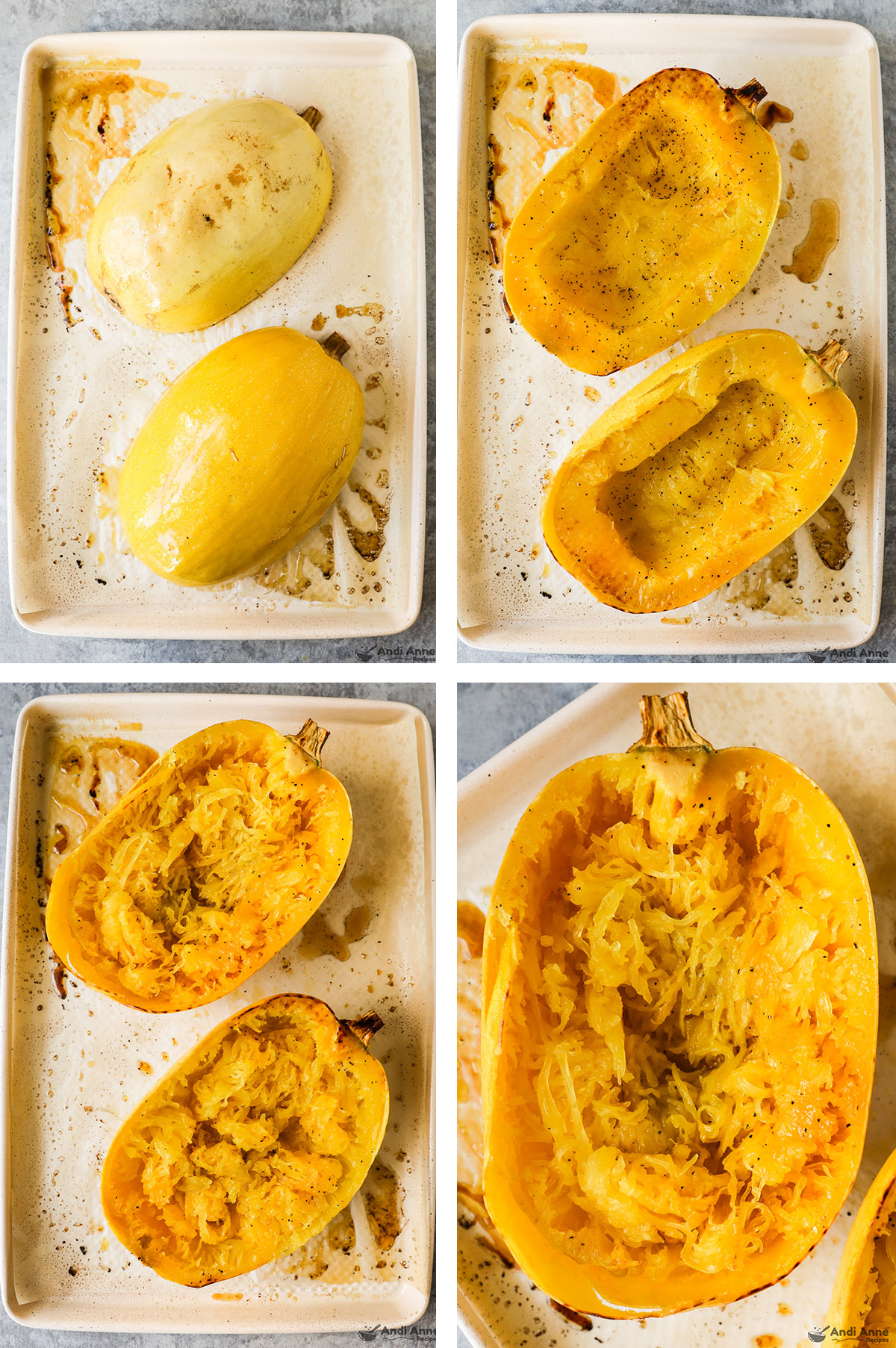 Four images of roasted squash: first upside down, then flipped over, Then shredded with a fork to create spaghetti strings.