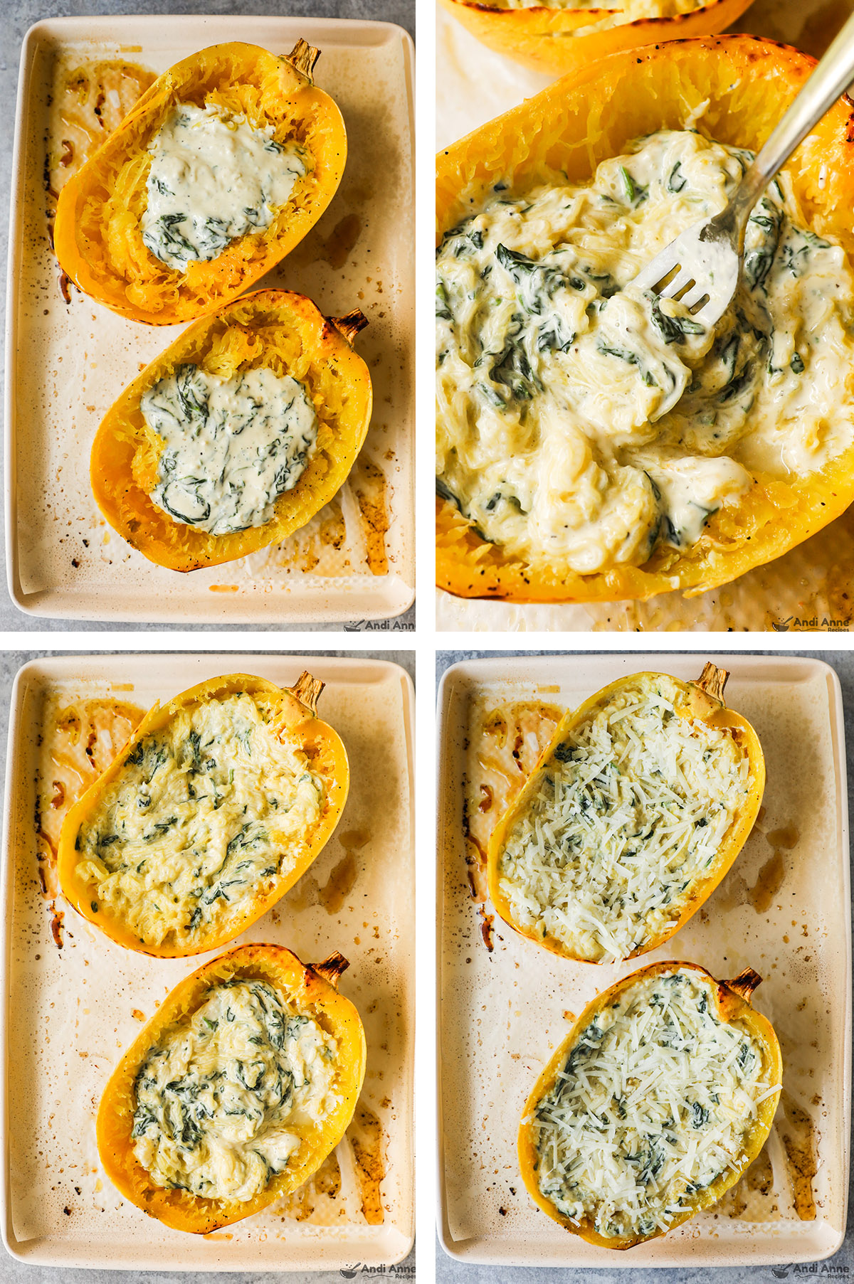 Four images of squash, first with creamy sauce, second with sauce mixed together, last with parmesan sprinkled on top. 