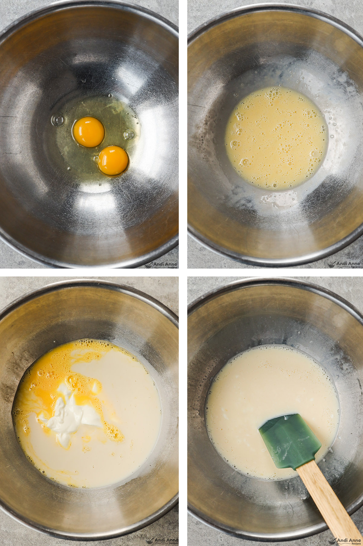 Four images of a bowl, first with raw eggs, second with beaten eggs. Third with milk and yogurt dumped in, fourth with white creamy liquid mixed together.