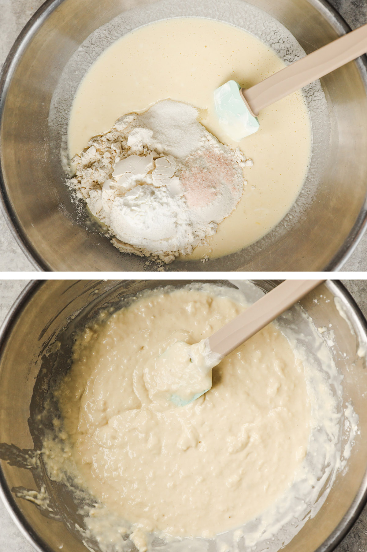 Two images, first is flour and sugar dumped into liquid with spatula. Second is pancake batter in bowl.