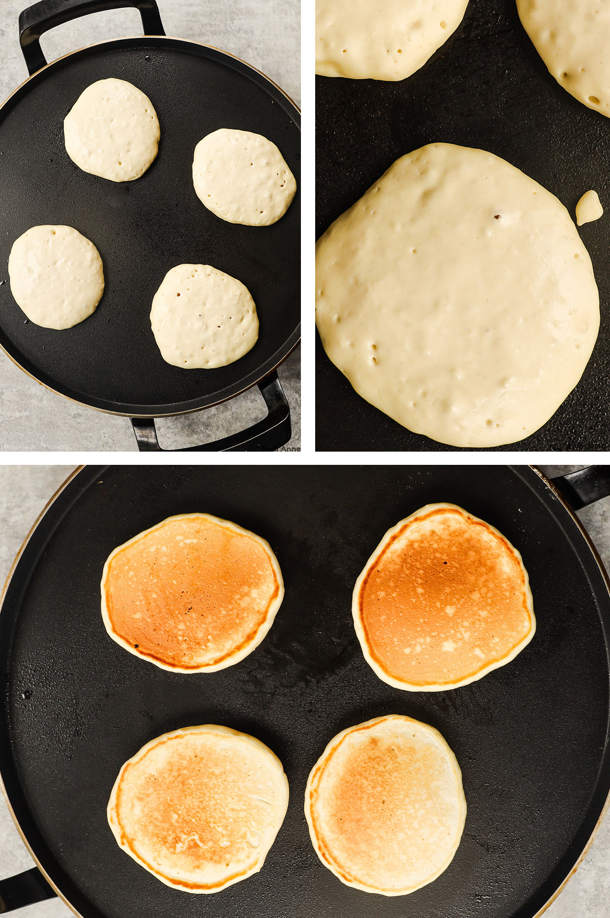 Three images of a griddle, first two with uncooked pancakes with bubbles, third with golden brown pancakes on griddle.