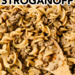 Close up of a pan with hamburger beef stroganoff recipe