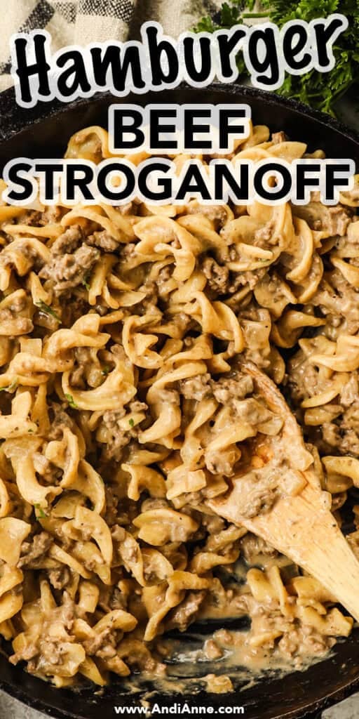 Close up of a pan with hamburger beef stroganoff recipe