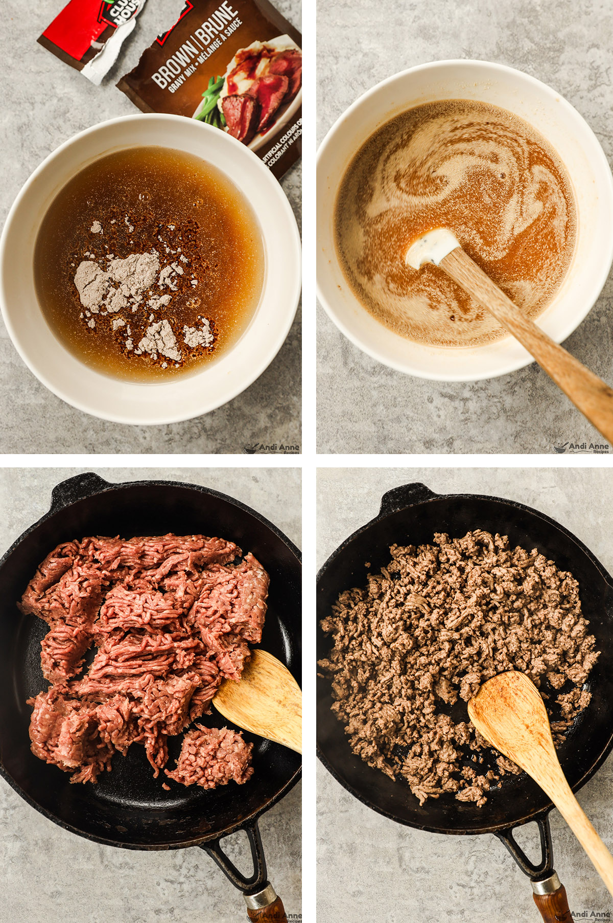 Four images first two brown gravy packet dumped in water unmixed then mixed. Last two raw ground beef then cooked and crumbled. 