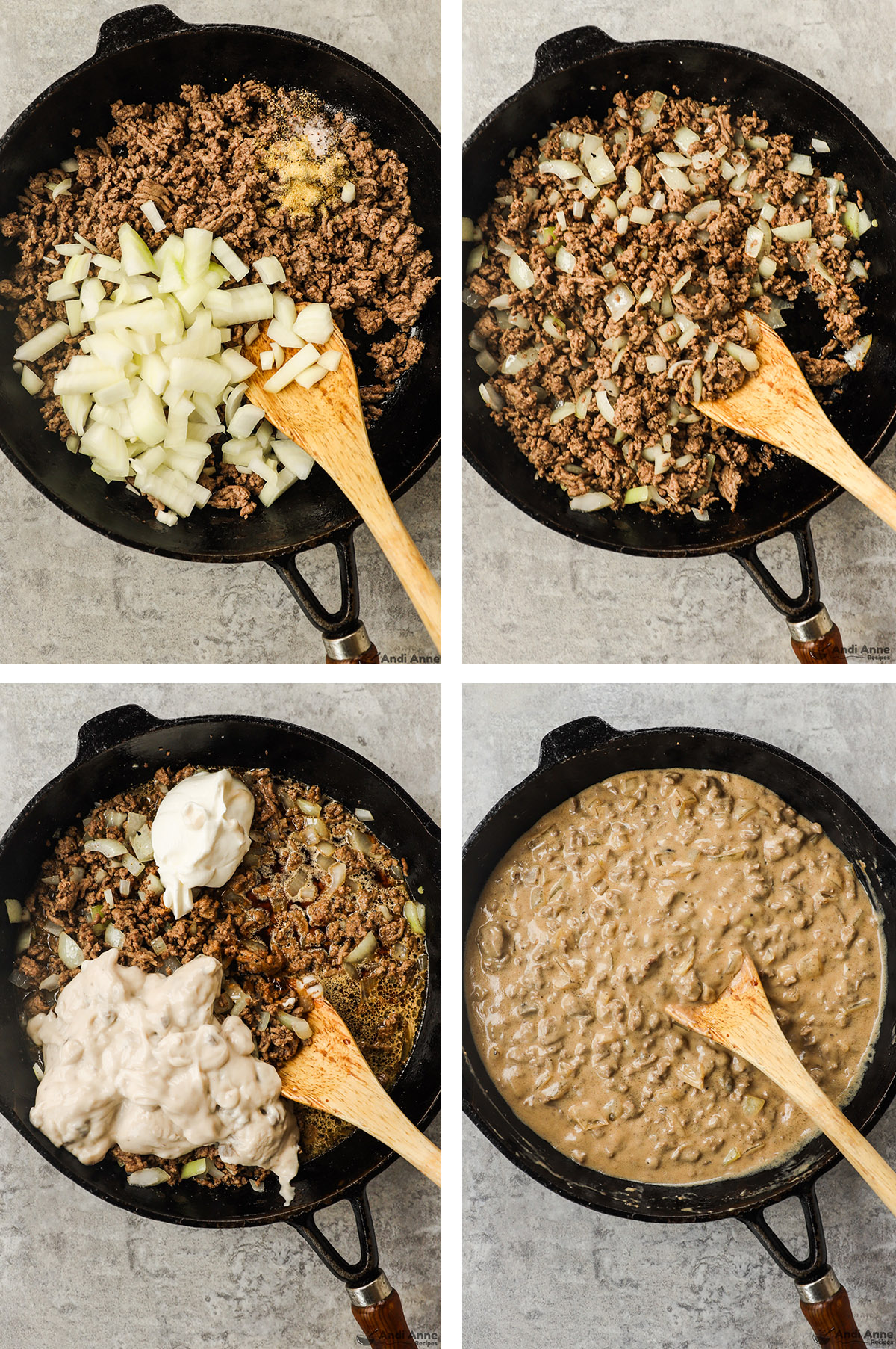 Four images, first is chopped onion and ground beef unmixed in pan. Second is ingredients mixed together. Third has sour cream and mushroom soup dumped in pan, fourth ingredients mixed together.