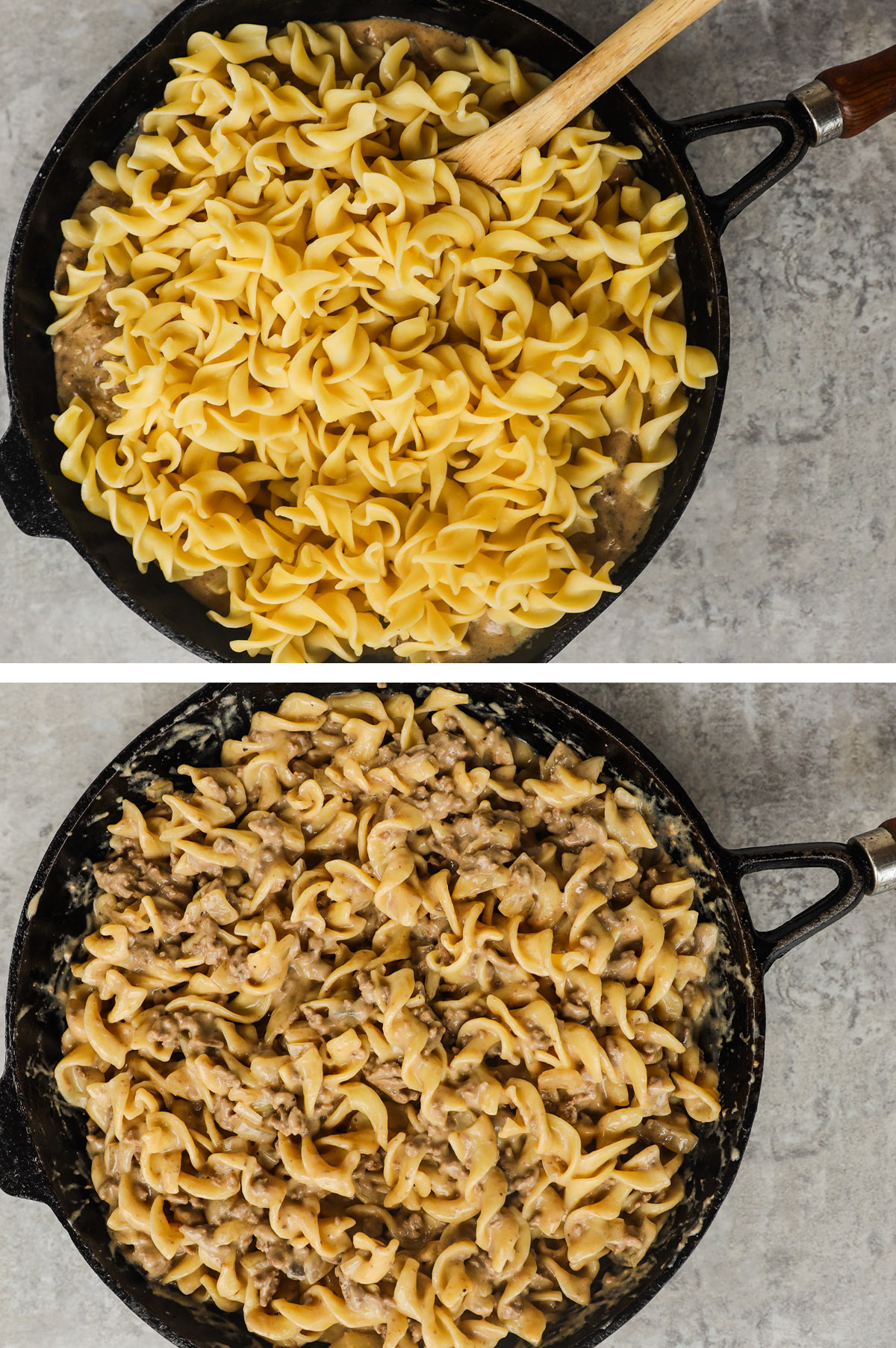 Two images of pan, first with cooked egg noodles dumped in pan, second ground beef stroganoff. 