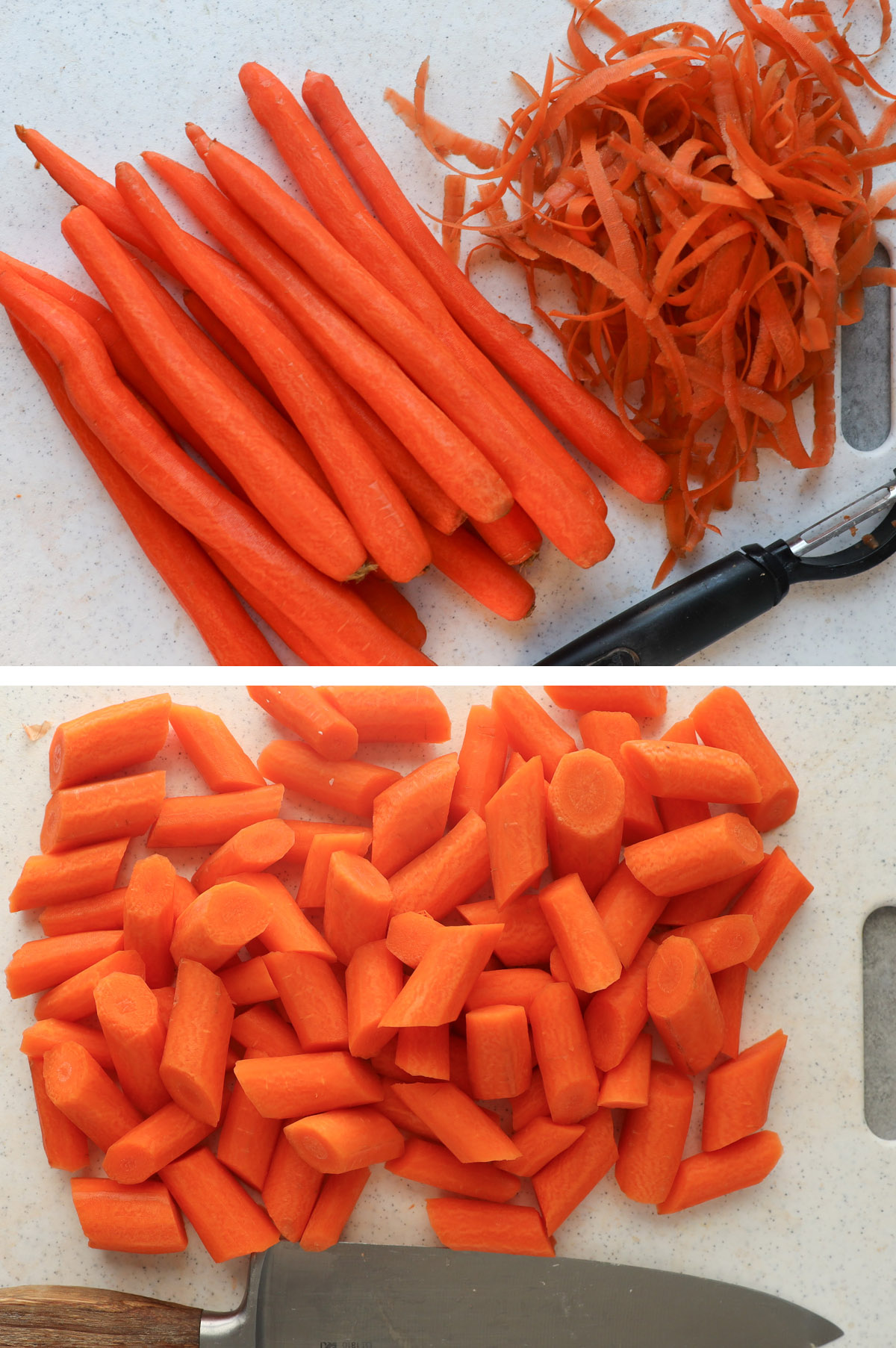 Two images, first is peeled carrots, second is carrots chopped into chunks on a diagonal