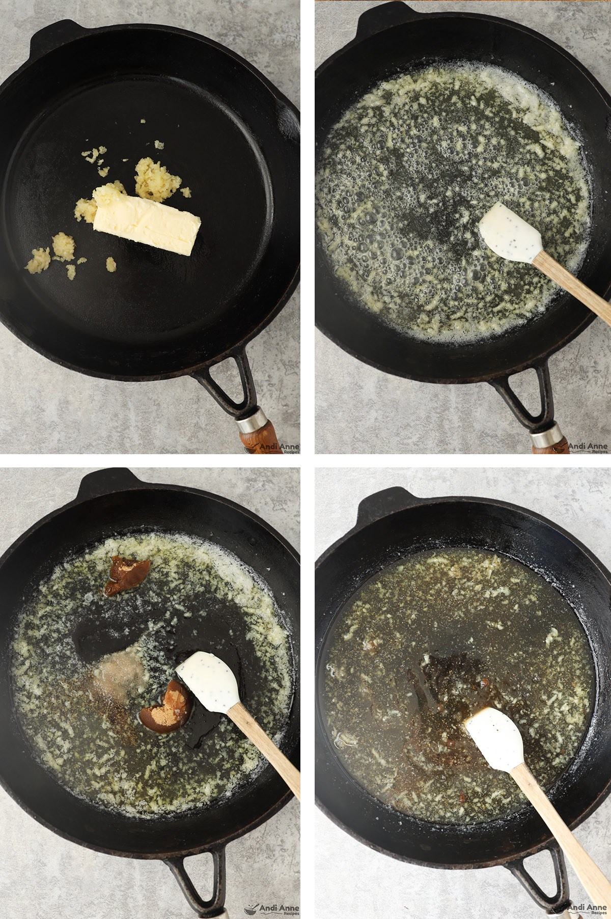 Four images of a frying pan, first is a stick of butter and minced garlic dumped in, second is butter melted with minced garlic. third is brown sugar and honey dumped in, fourth is liquid all mixed together.