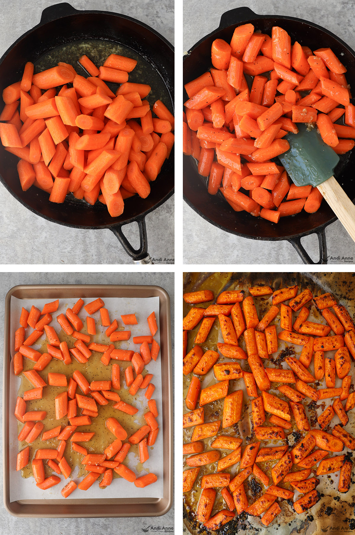 Four images, first is diagonally chopped raw carrots in a frying pan, second carrots tossed with liquid seasonings, third carrots spread onto baking sheet with liquid sauce, fourth is baked and slightly charred carrots on baking sheet.