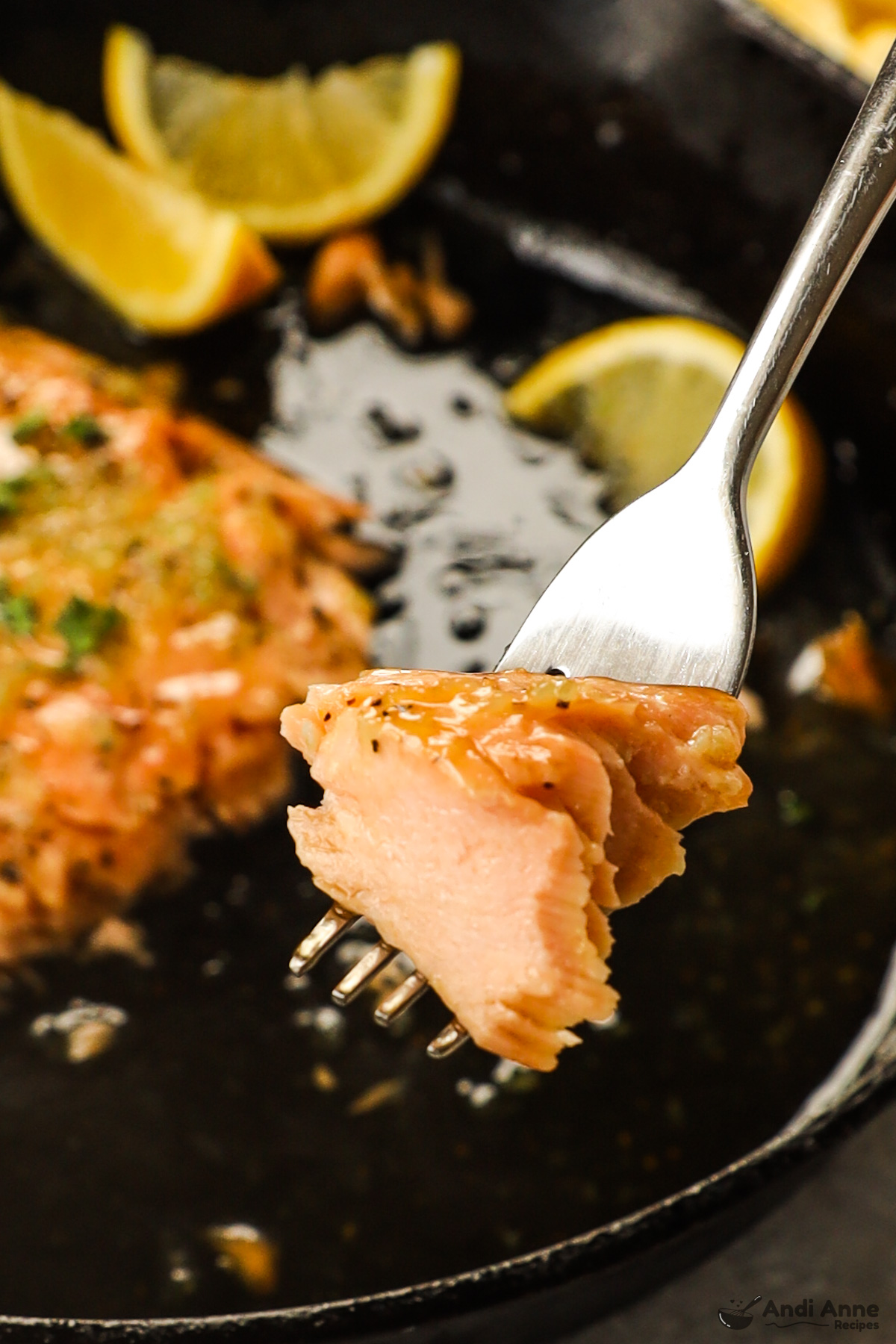 Fork holding a piece of salmon wiwth salmon fillet in background