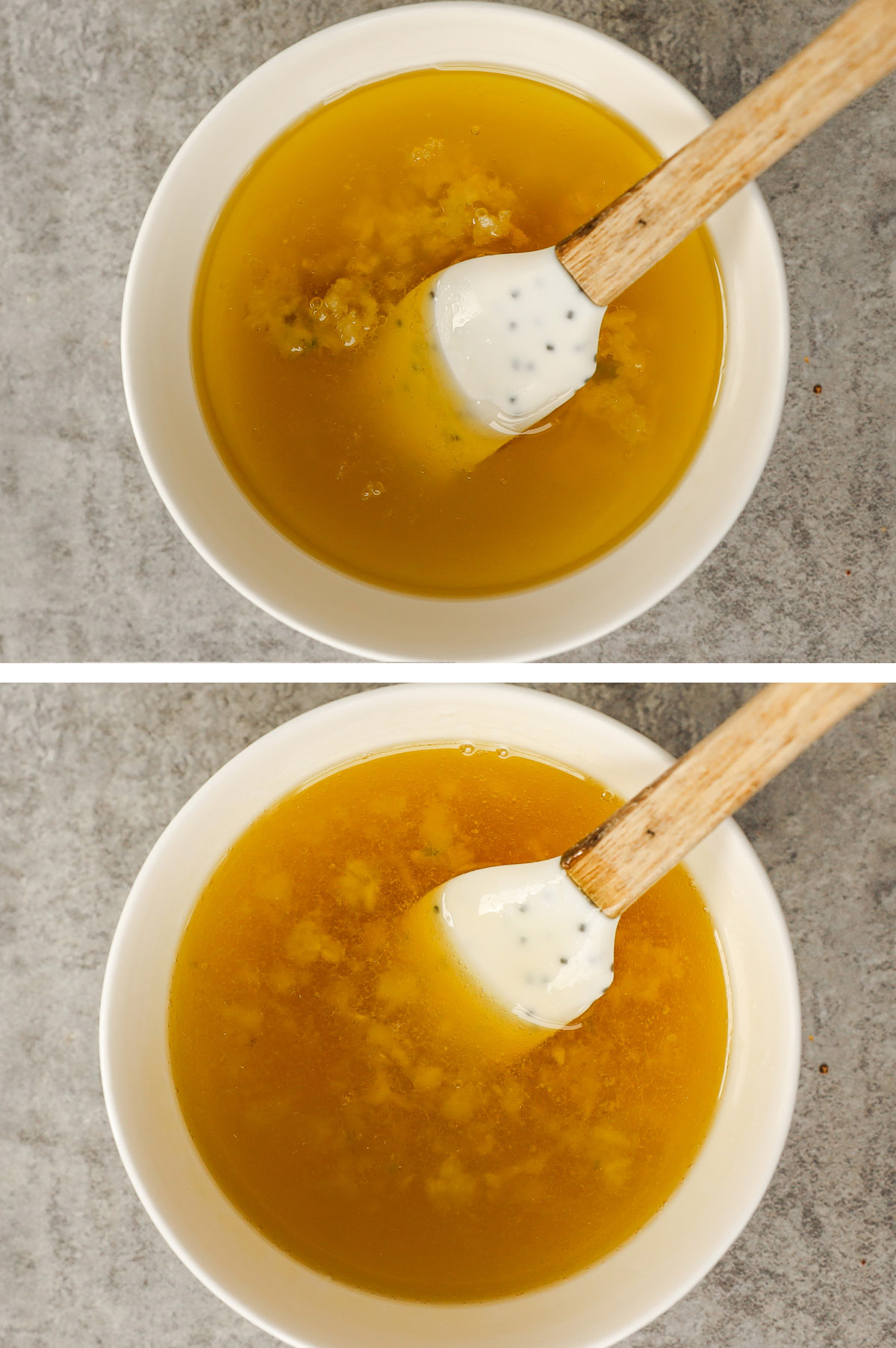 Two images of a bowl of honey garlic sauce, first ingredients unmixed, second mixed.