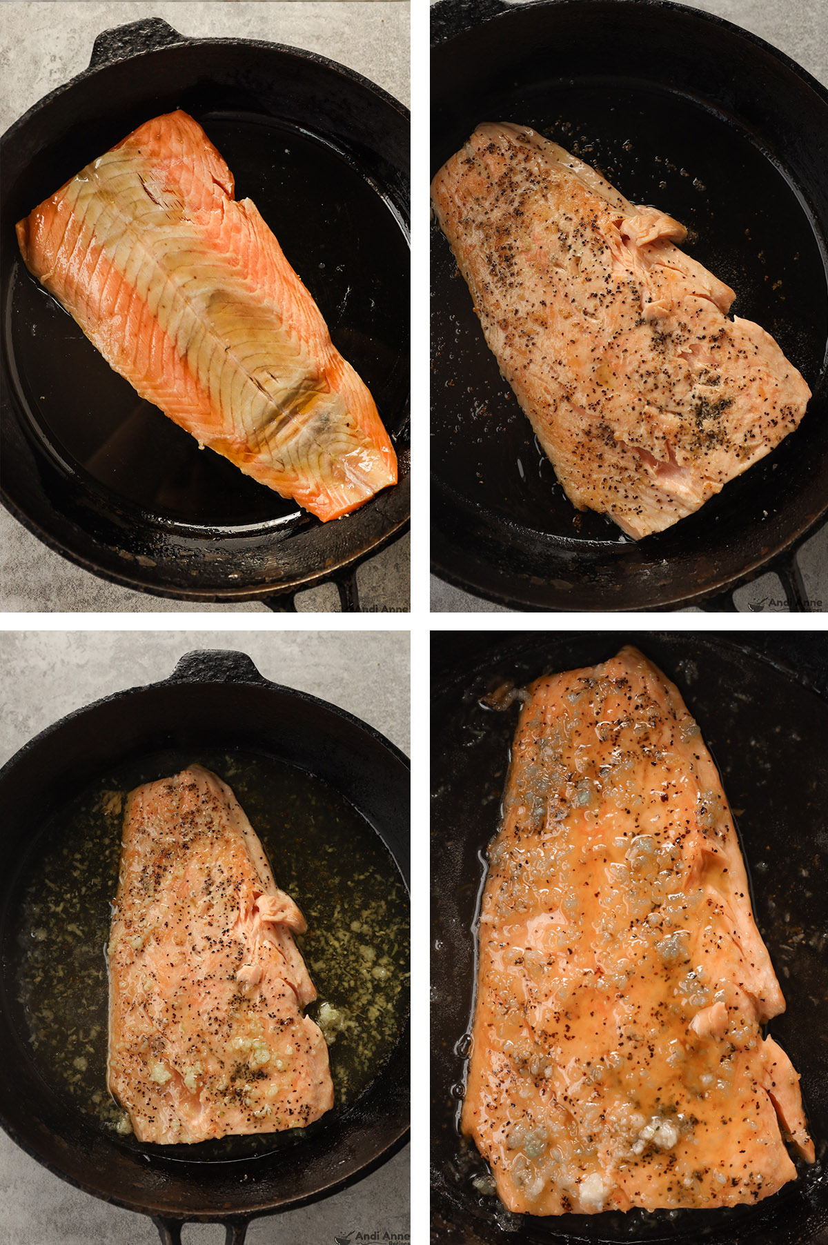 Four images of frying pan, first salmon fillet skin side down, second salmon fillet skin side up, third and fourth cooked salmon fillet with minced garlic and honey garlic sauce