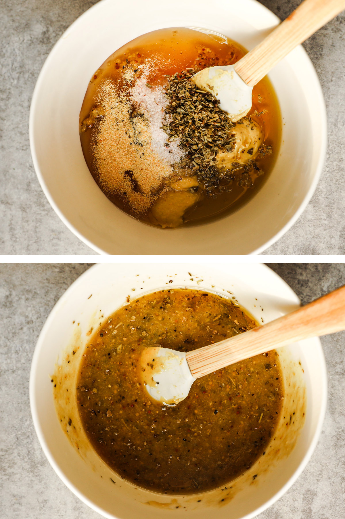 Two images of a bowl, first with spices, mustard and honey dumped in. Second with ingredients mixed together to make honey mustard sauce.