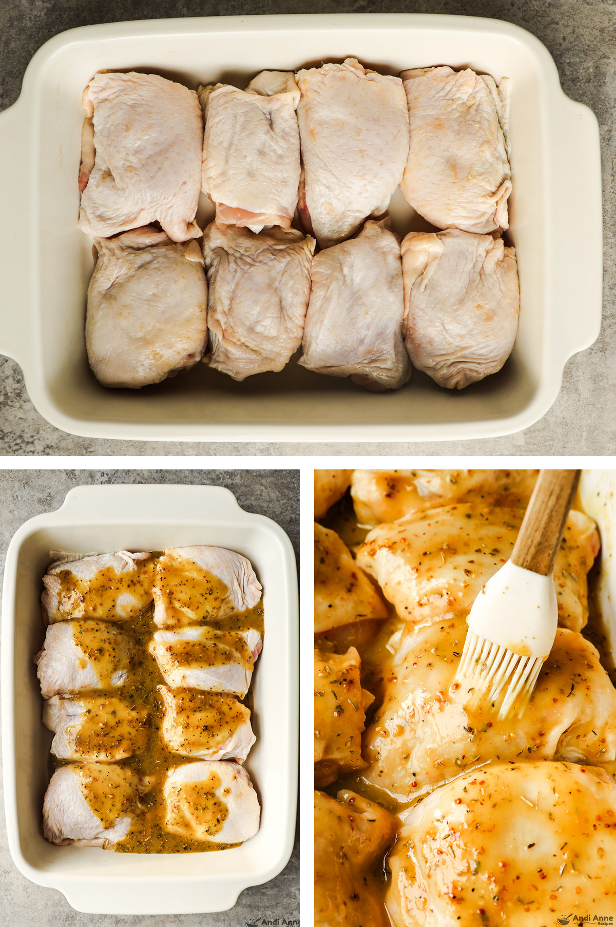 Three images, first is raw chicken thighs in a white baking dish, second is chicken thighs with sauce poured on top, third is close up of raw chicken with silicone brush spreading mustard sauce on chicken.