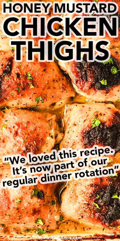 Close up of honey mustard chicken thighs with a testimonial below.
