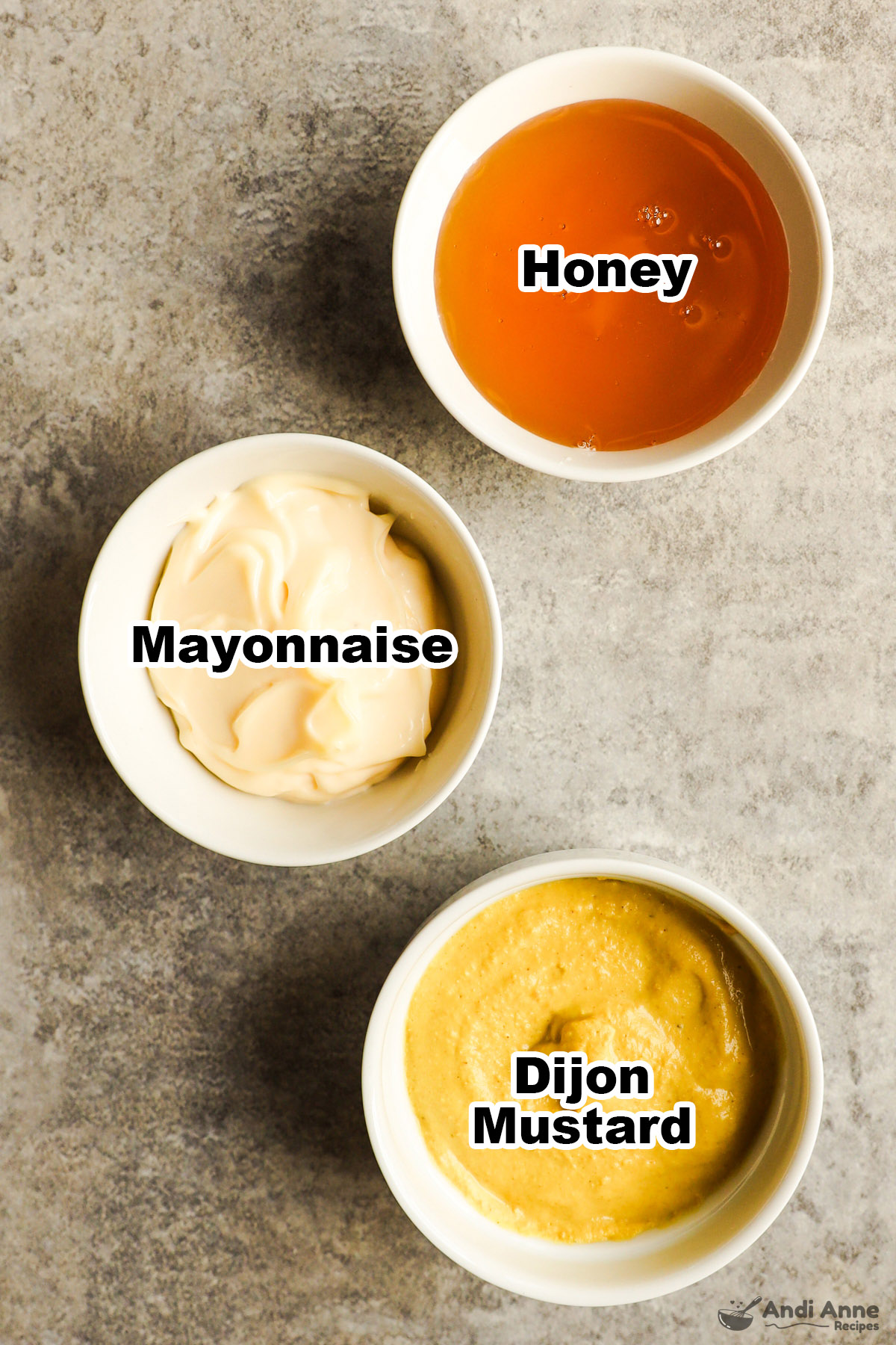 Bowls of honey, mayonnaise, and dijon mustard