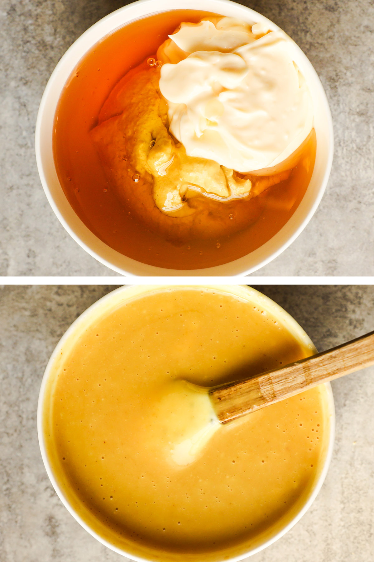 Two images of a bowl, first with mayonnaise, dijon mustard and honey. Second with honey mustard sauce mixed together with spatula.