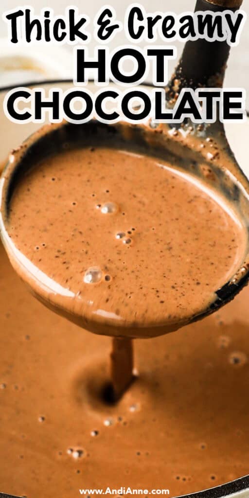 A soup ladle scooping thick and creamy hot chocolate
