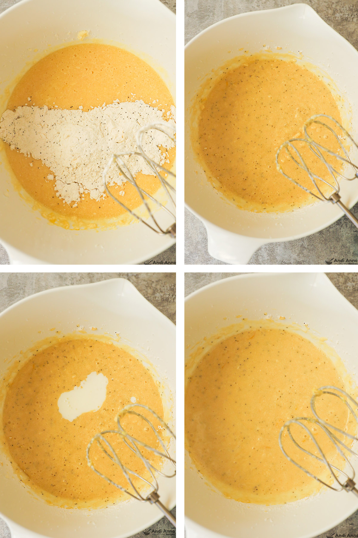 Four images of a white bowl, first two with dry ingredients dumped in unmixed then mixed. Second two with milk added unmixed then mixed.