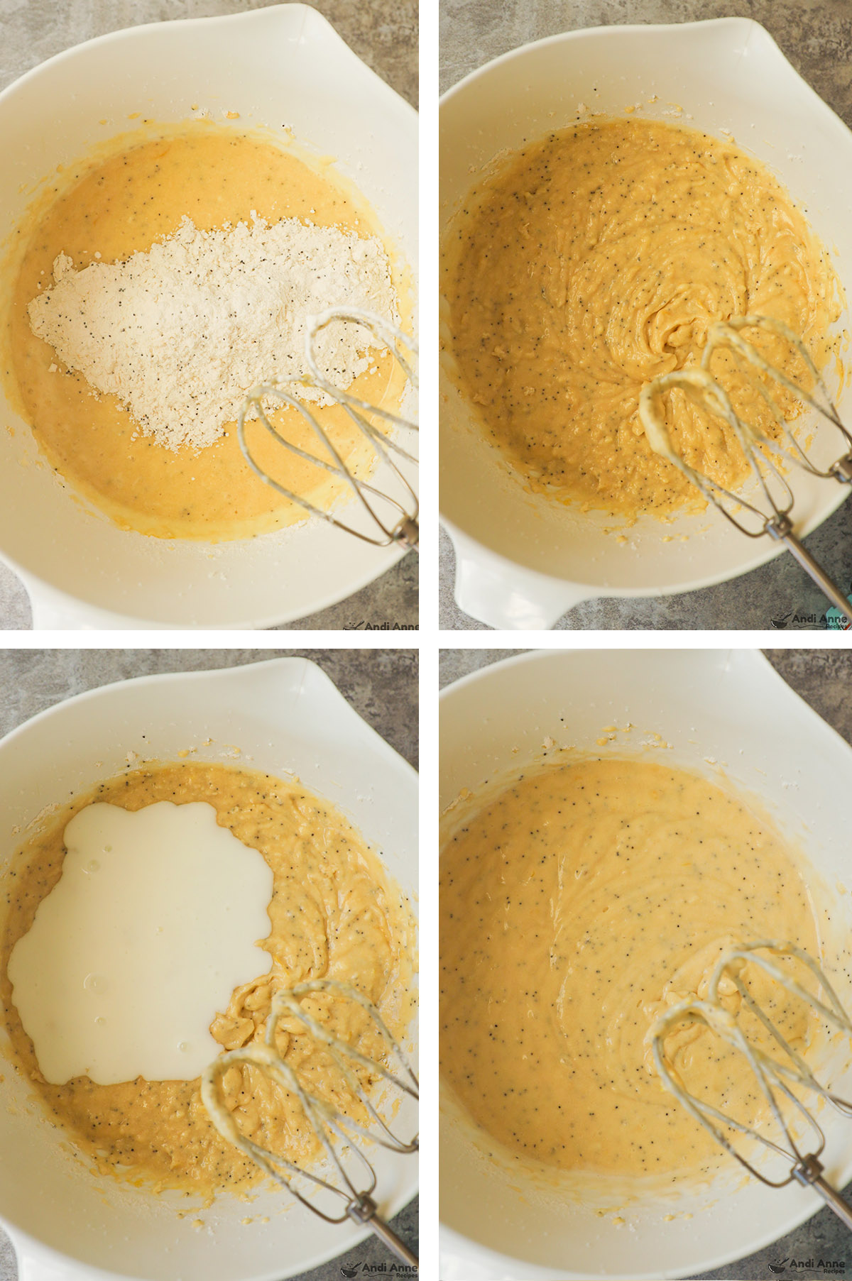 Four images of a white bowl, first two with dry ingredients dumped in unmixed then mixed. Second two with milk added unmixed then mixed.