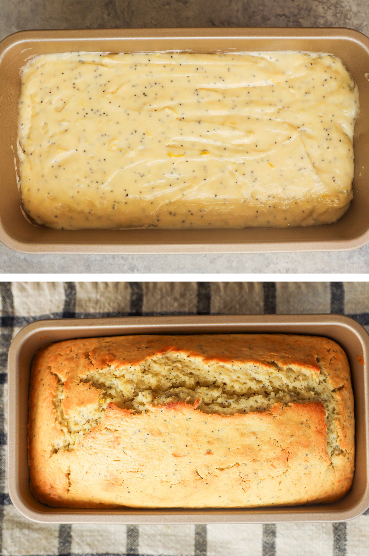 Two images of a loaf pan, first with raw loaf, second with baked loaf.