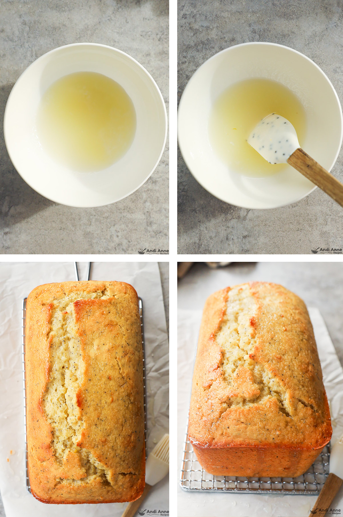 Four images, first two with bowl of glaze ingredients. Second two with loaf and glaze poured on top.