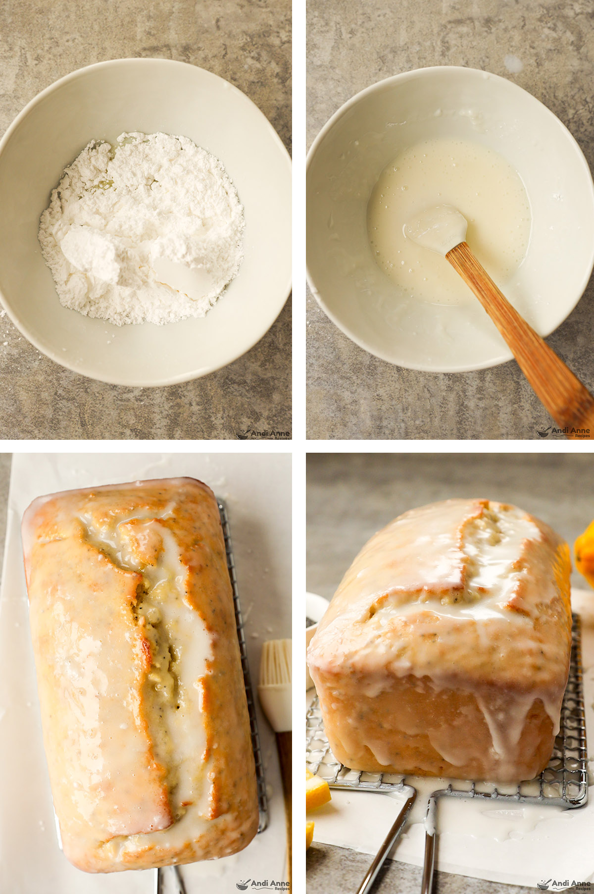 Four images, first two with icing ingredients unmixed then mixed. Second two with icing poured over loaf.